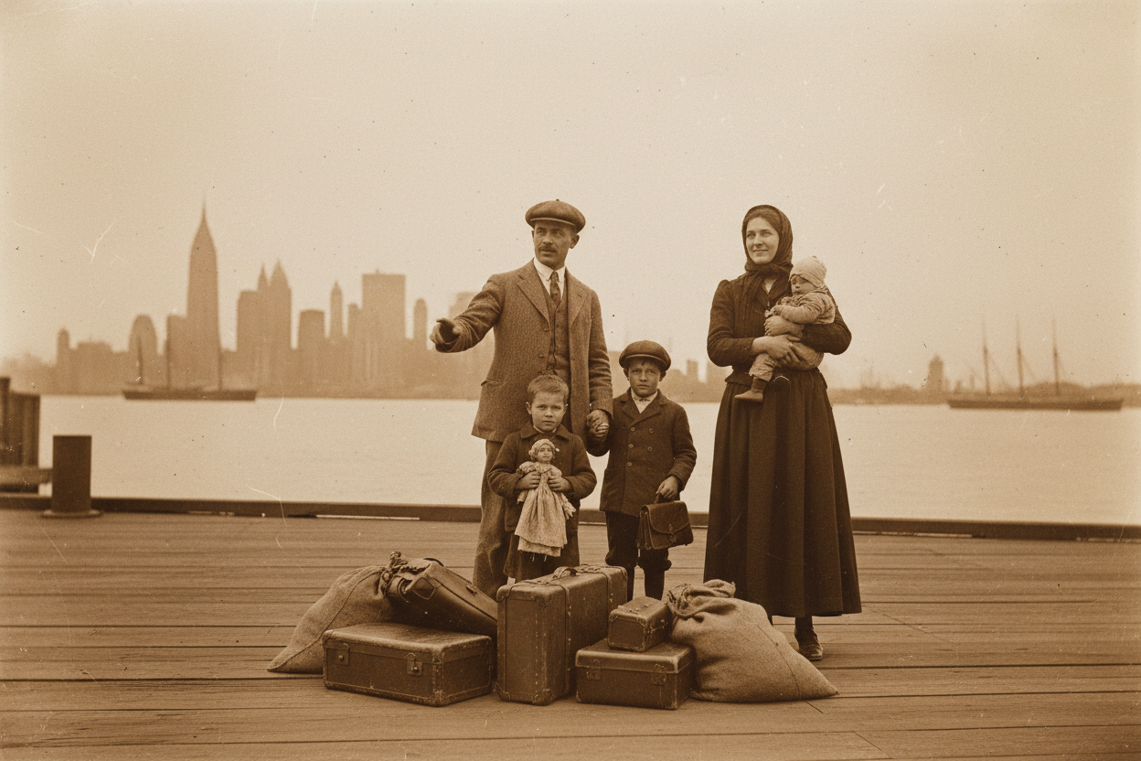 Vintage sepia-toned scene of Italian immigrant families arriving at Ellis Island in the early 1900s, standing on the dock with worn luggage, looking toward America with hope and determination
