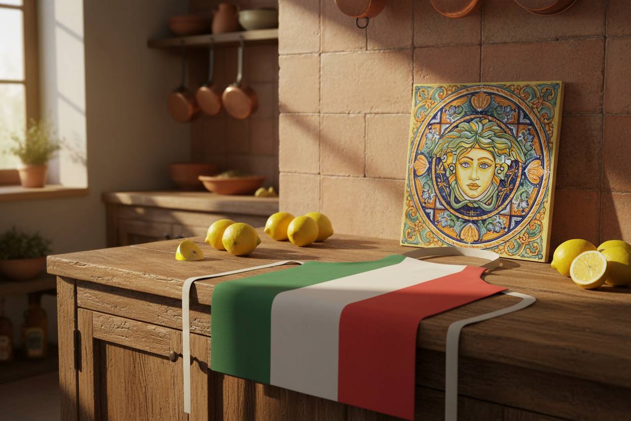 Italian flag apron laid on a rustic wooden kitchen counter with a hand-painted Sicilian ceramic tile and fresh lemons — Italian and Sicilian kitchen heritage decor