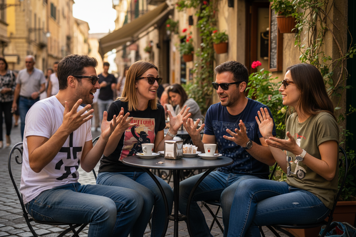 Two couples at an outdoor Italian cafe table, each wearing a different color graphic tee, having a spirited animated conversation with expressive hand gestures over espresso