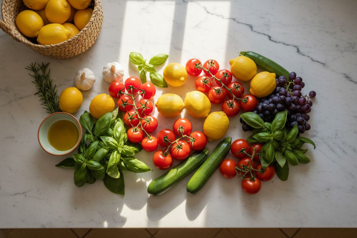 Fresh Italian ingredients on a marble kitchen counter — tomatoes, lemons, basil, garlic, zucchini and grapes in warm Mediterranean light