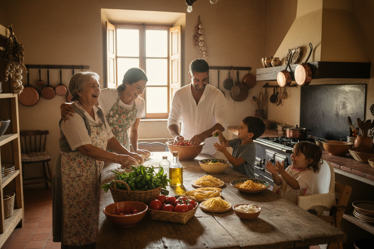 Multigenerational Italian family laughing and cooking together in a warm rustic kitchen with fresh tomatoes, basil, and pasta