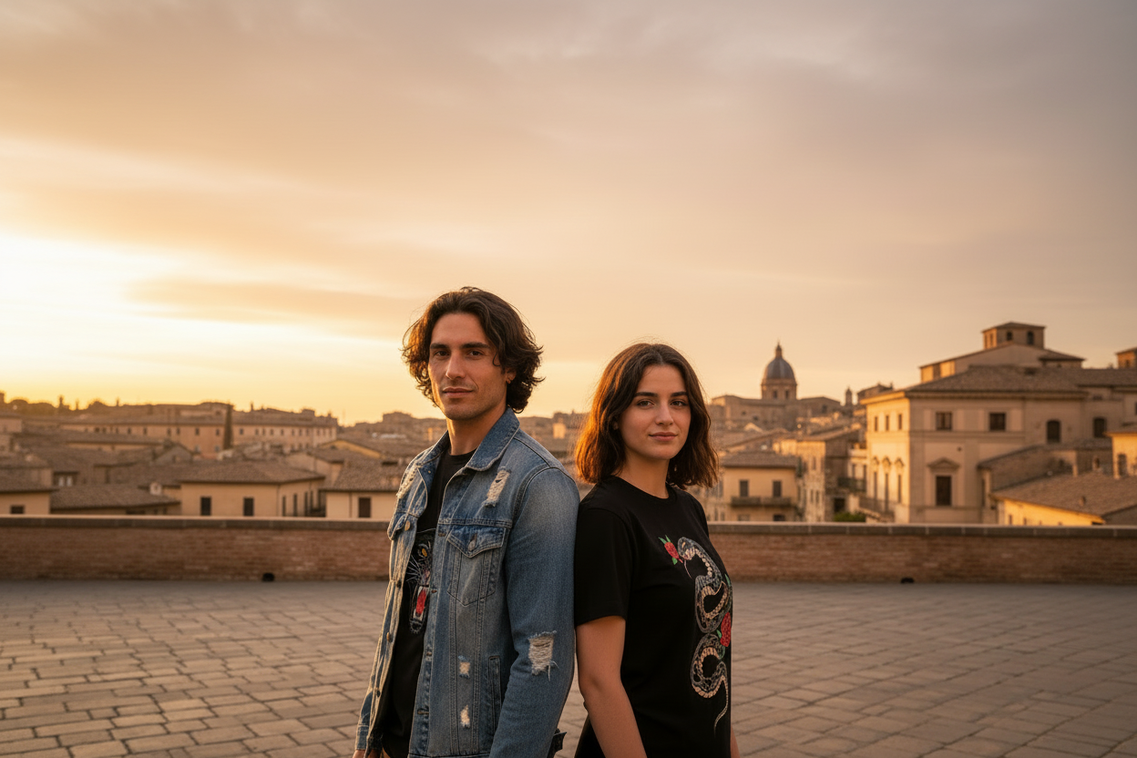 Italian brother and sister in their 20s standing back to back on a sunlit Italian cobblestone street, brother in a ripped denim jacket, both in black t-shirts with tattoo-style embroidery, golden hour light