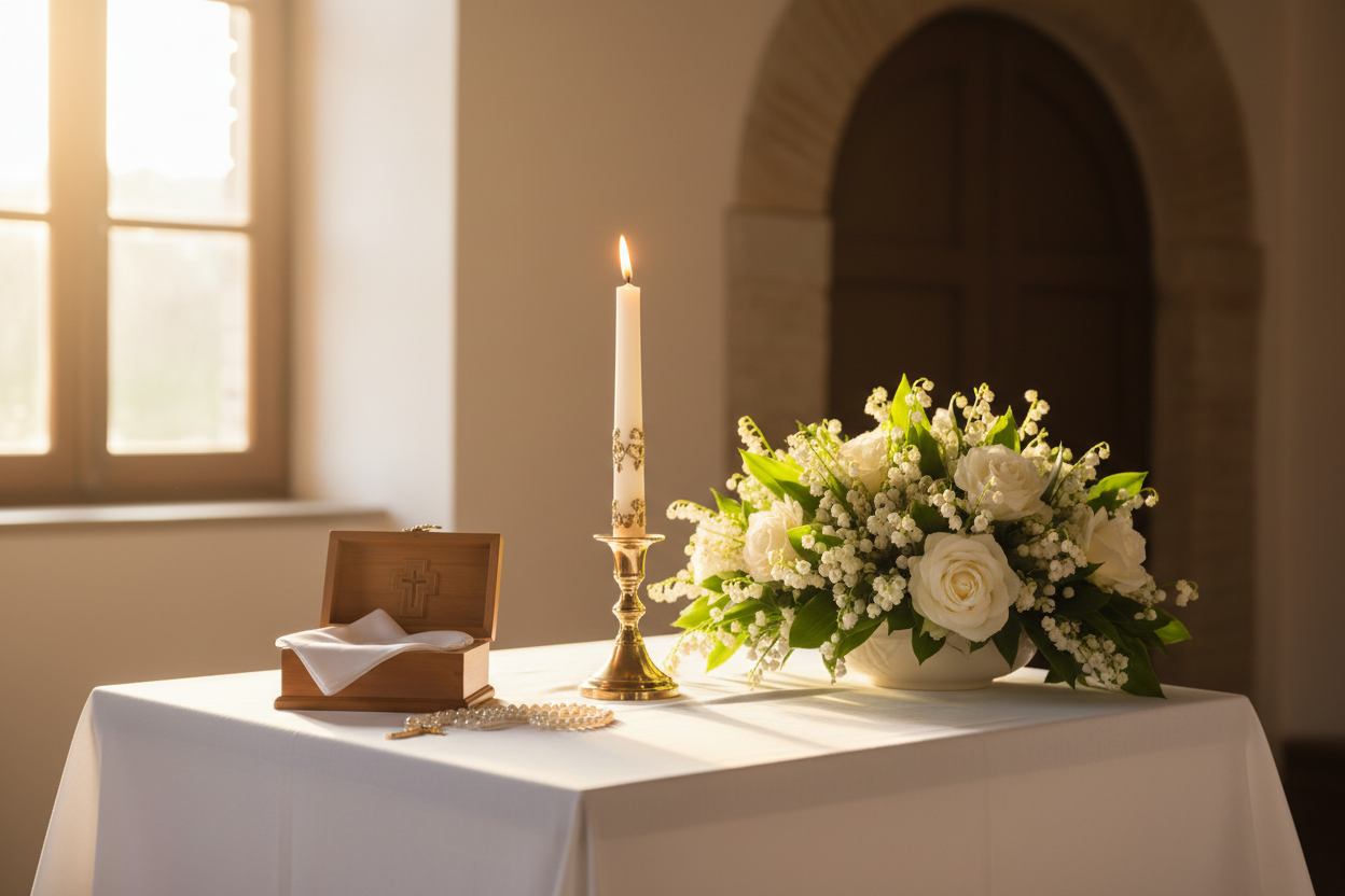 Italian and Sicilian baptism and christening gifts — religious candle favors, wooden keepsake boxes, angel favor boxes, and godparent gifts rooted in faith and heritage