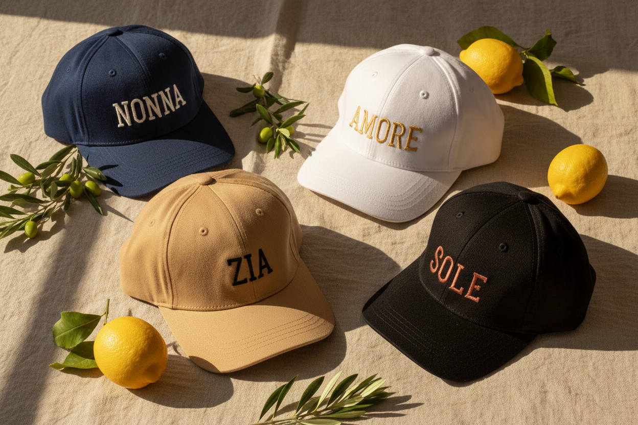 Navy, tan, white, and black embroidered baseball hats with simple Italian and Sicilian family titles, arranged on a rustic linen surface with olive branches and lemons