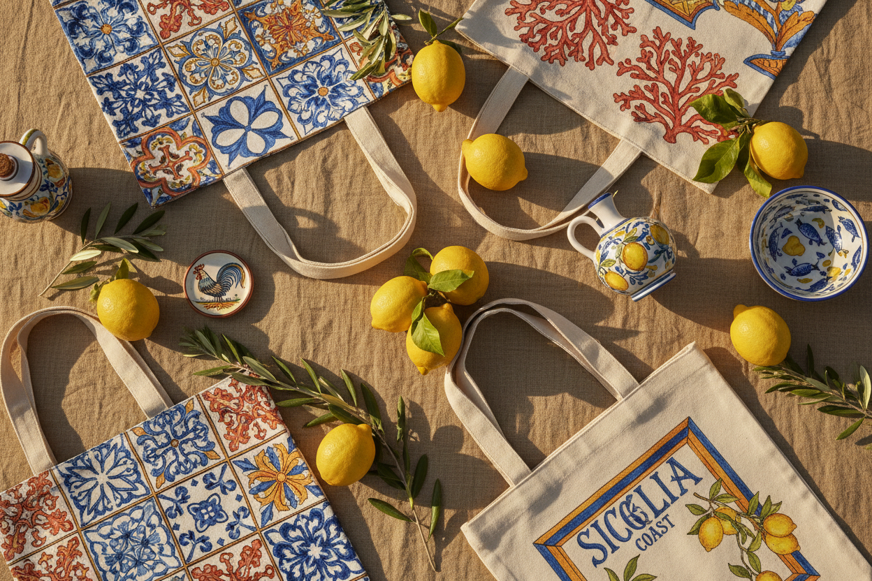 Italian and Sicilian themed tote bags arranged on a rustic linen surface with olive branches, lemons, and Italian ceramics