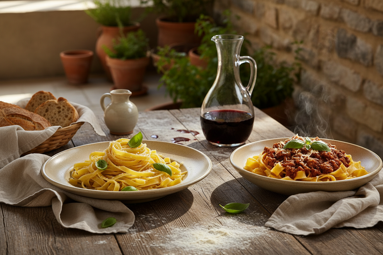 Beautiful Italian table set with pasta dishes and family food, cover image for the Italian and Sicilian Mother's Day gift guide