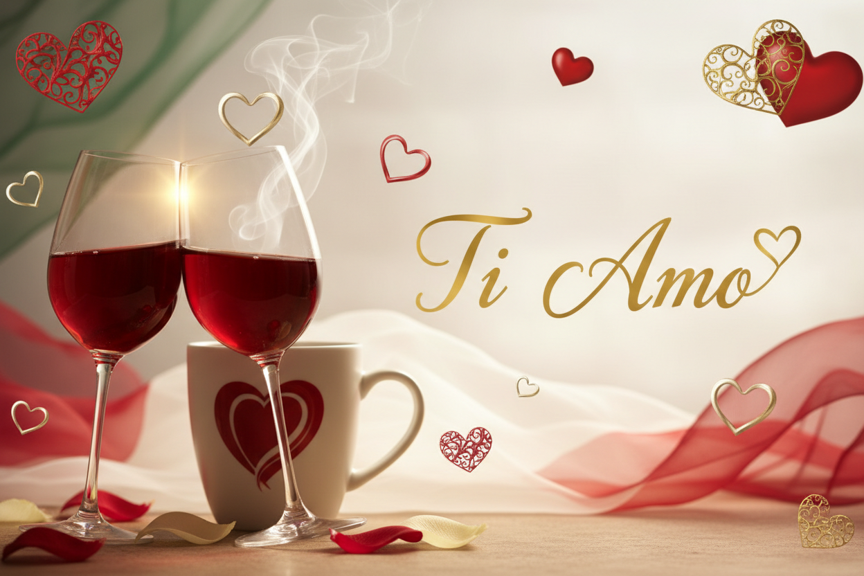Romantic Italian Valentine's Day banner with roses, hearts, and amore-inspired elements in warm red and gold tones