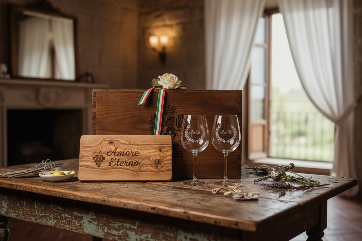 Elegant Italian wedding gift display with heritage-inspired decor, cover image for the ultimate guide to Italian wedding gifts