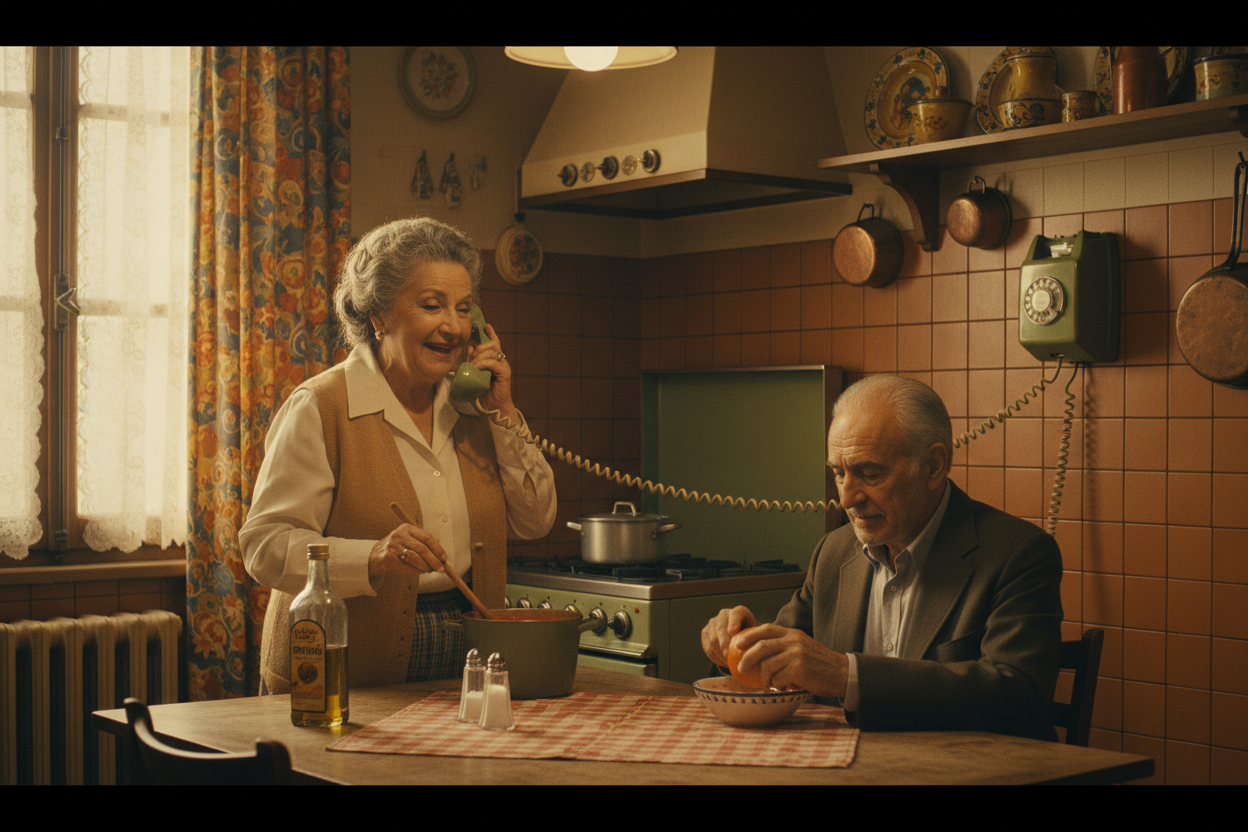 Nonna cooking at the stove while talking on a vintage wall phone, curly cord stretched across a warm 1970s Italian-American kitchen, with Nonno sitting at the table peeling an orange