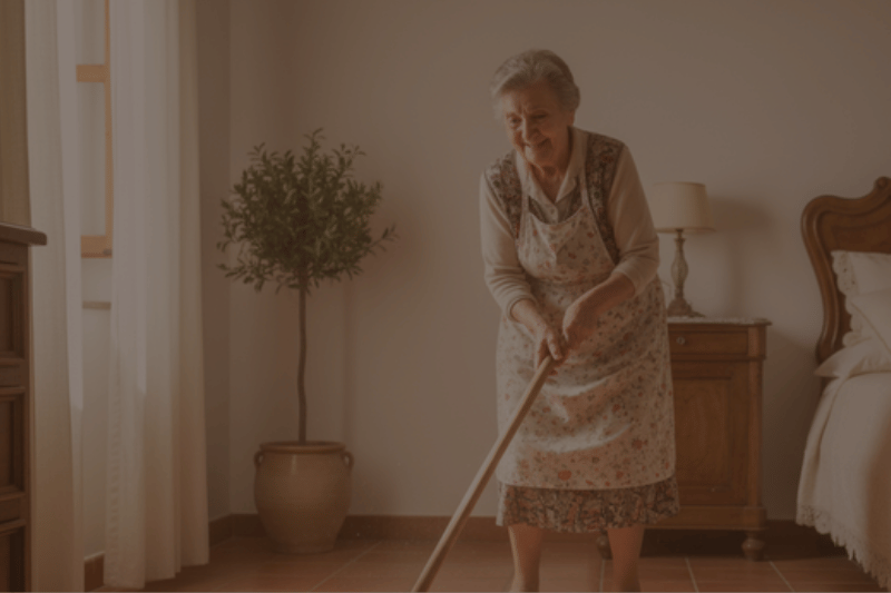 A short Sicilian grandmother mopping a bedroom floor with a wooden broomstick, the foot of a bed visible in the background
