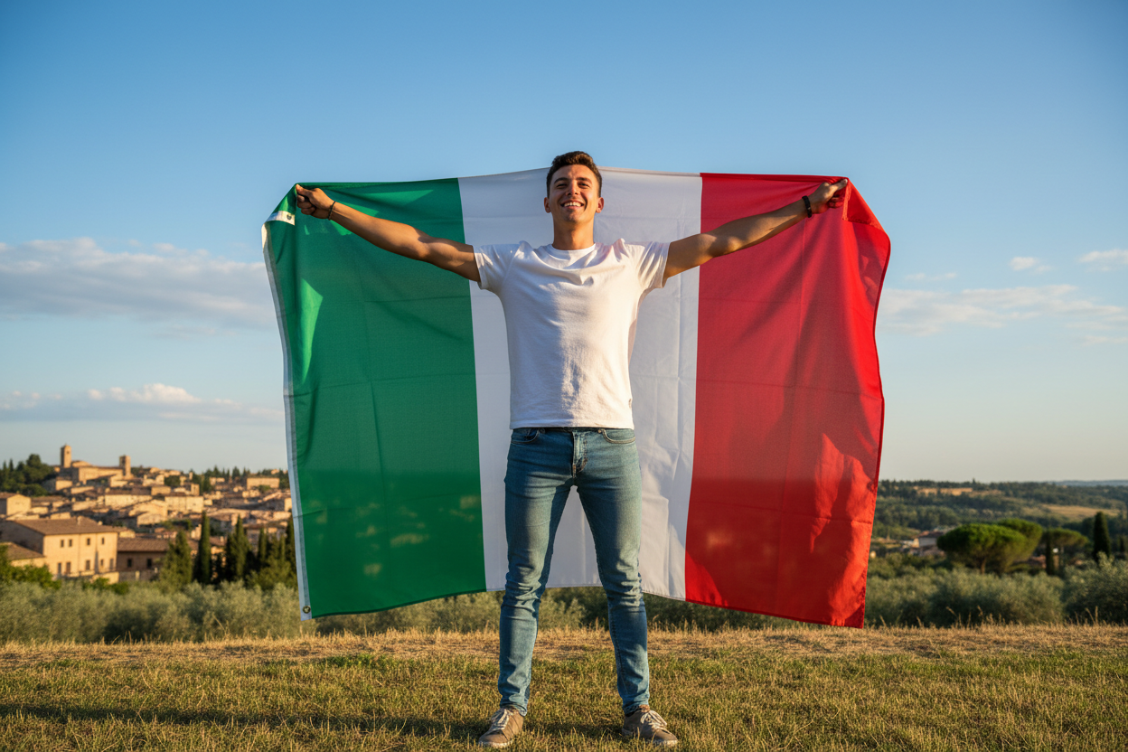 Person holding a large Italian flag open outdoors on a sunny day, green white and red stripes fully visible against a blue sky