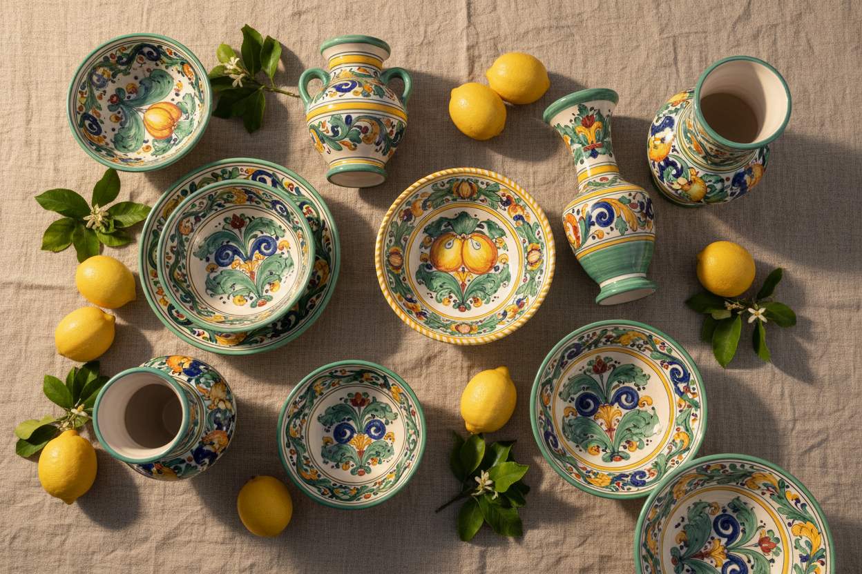 Vibrant Sicilian pottery and fresh lemons arranged on a rustic Mediterranean surface, cover image for the best Sicilian gifts guide