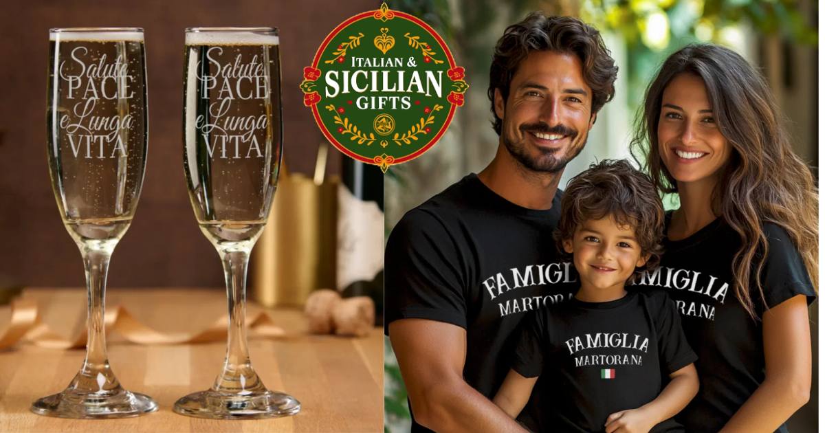 Italian and Sicilian gifts store banner featuring apparel, kitchen decor, and personalized family gifts with heritage-inspired design