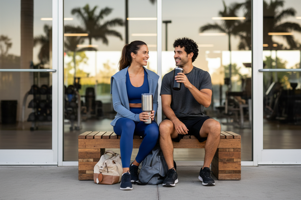 Italian-American couple resting outside the gym, drinking from insulated tumblers with athletic bags at their feet