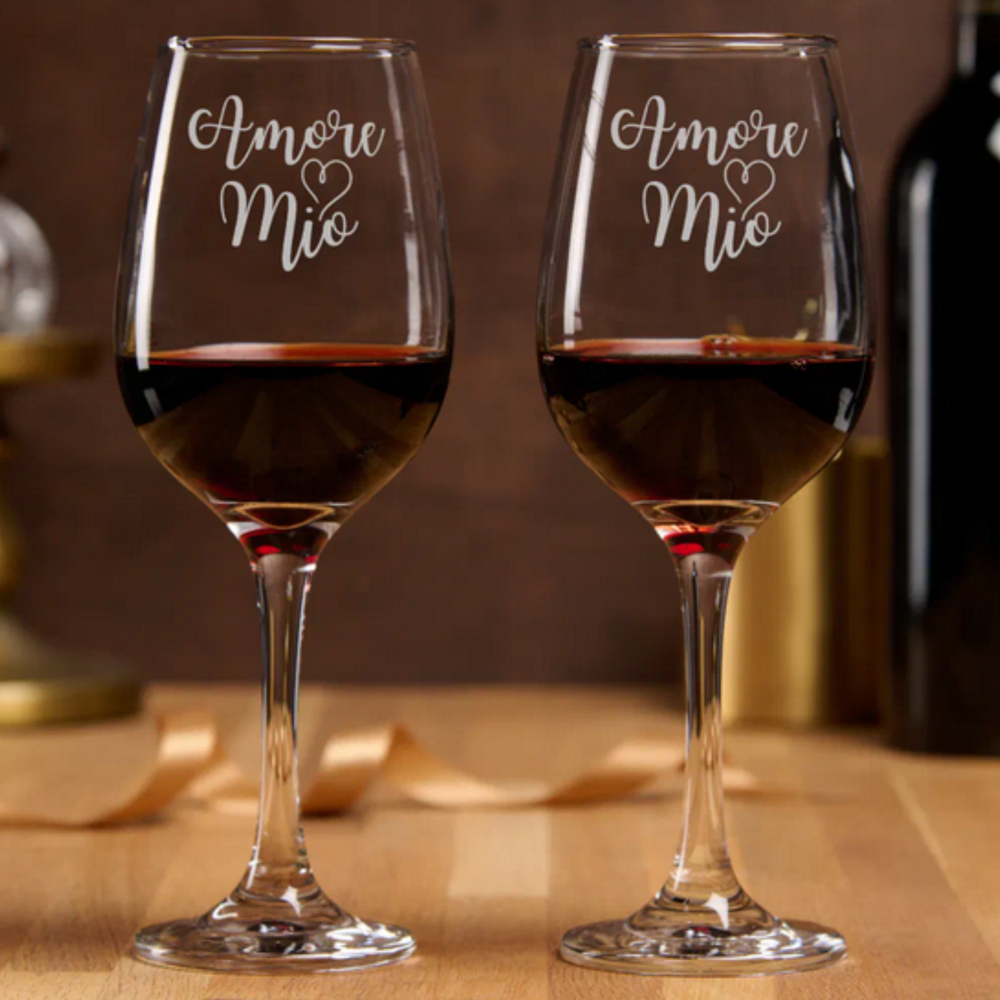 Etched wine glasses set with Amore Mio (my love) in script with heart. Italian and Sicilian heritage gift, Italian wine glasses, romantic Italian gift, Italian wedding gift, anniversary gift, Italian American gift, gift for Italian family, Italian celebration glassware.