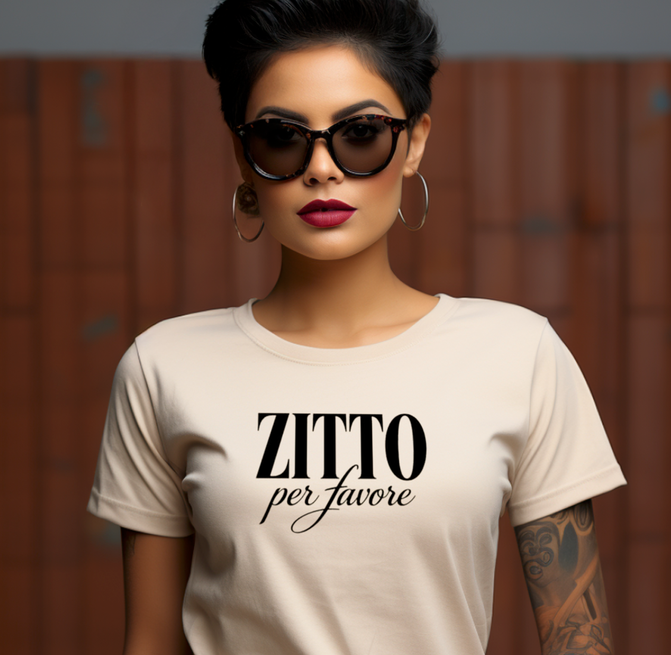 Woman wearing beige Zitto per favore t-shirt - Italian be quiet shut up please phrase humor apparel gift.
