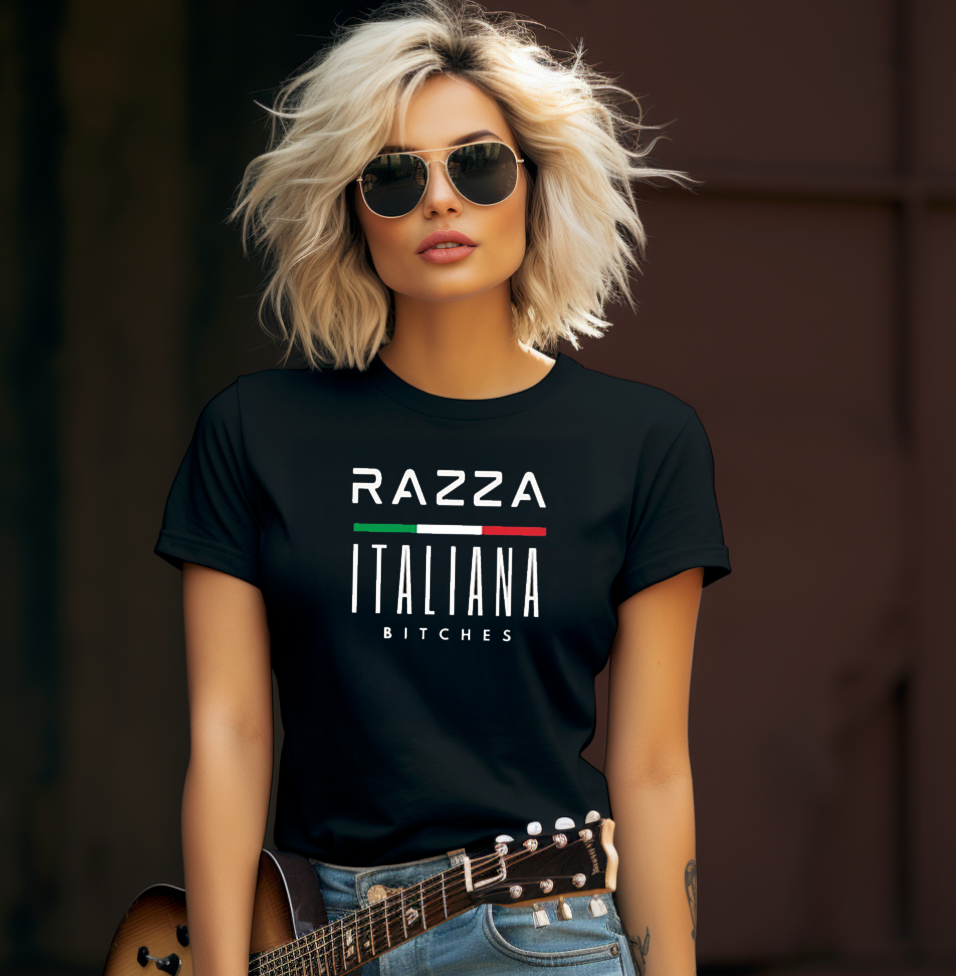Hip woman wearing black Razza Italiana Bitches t-shirt - Italian pride bold humor apparel gift.