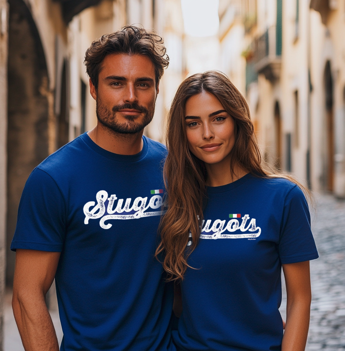 Man and woman wearing blue Stugots funny t-shirts - Italian slang humor apparel gift.