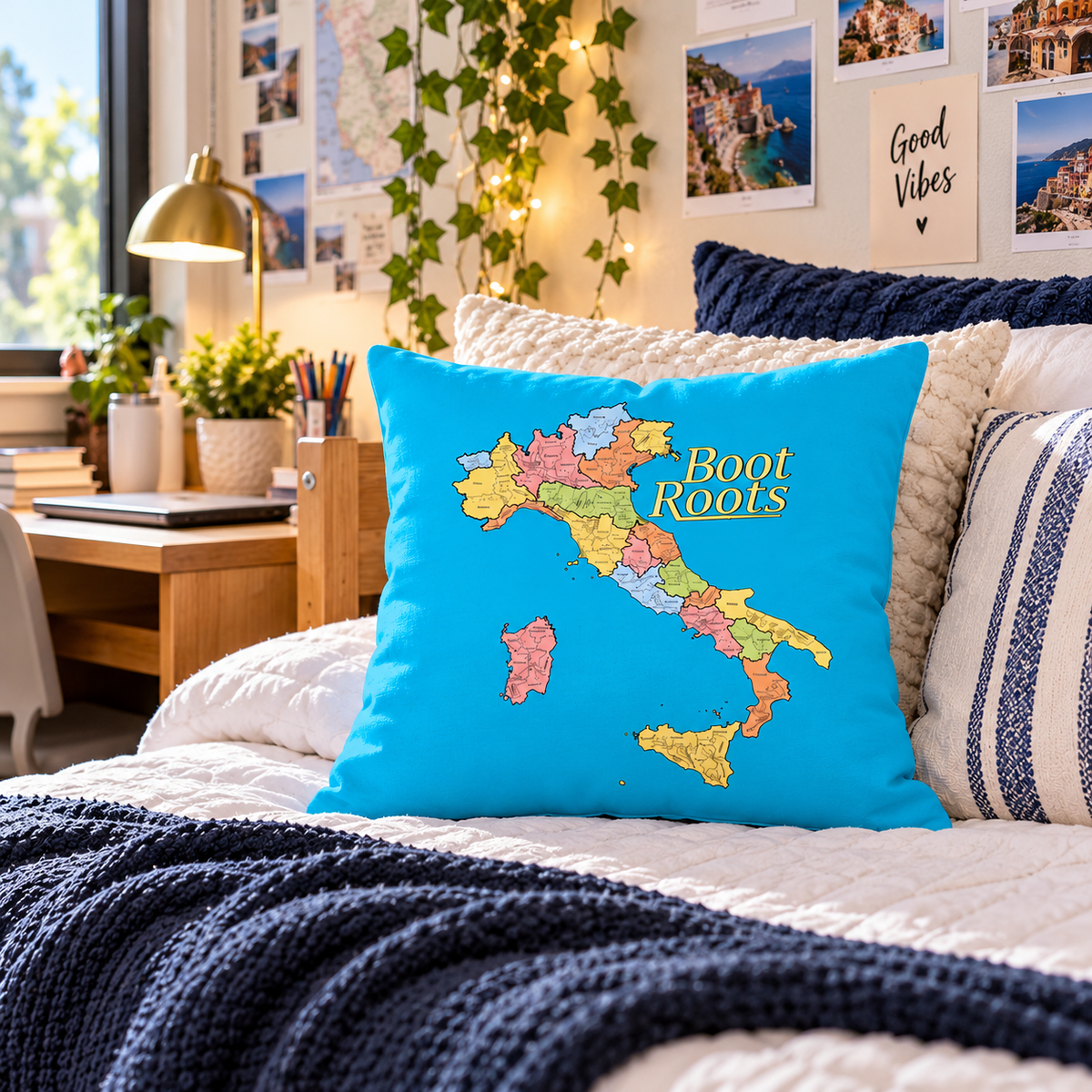 Bring a little Italian pride to college life with our colorful “Boot Roots” decorative throw pillow! Featuring a vibrant turquoise background, a detailed multicolored map of Italy and Sicily, and elegant gold lettering, this Italian heritage accent pillow brightens any college dorm room, bed or cozy study space. A fun and meaningful college send-off, graduation or birthday gift for Italian-American students who want to celebrate their family roots while making their dorm feel like home!