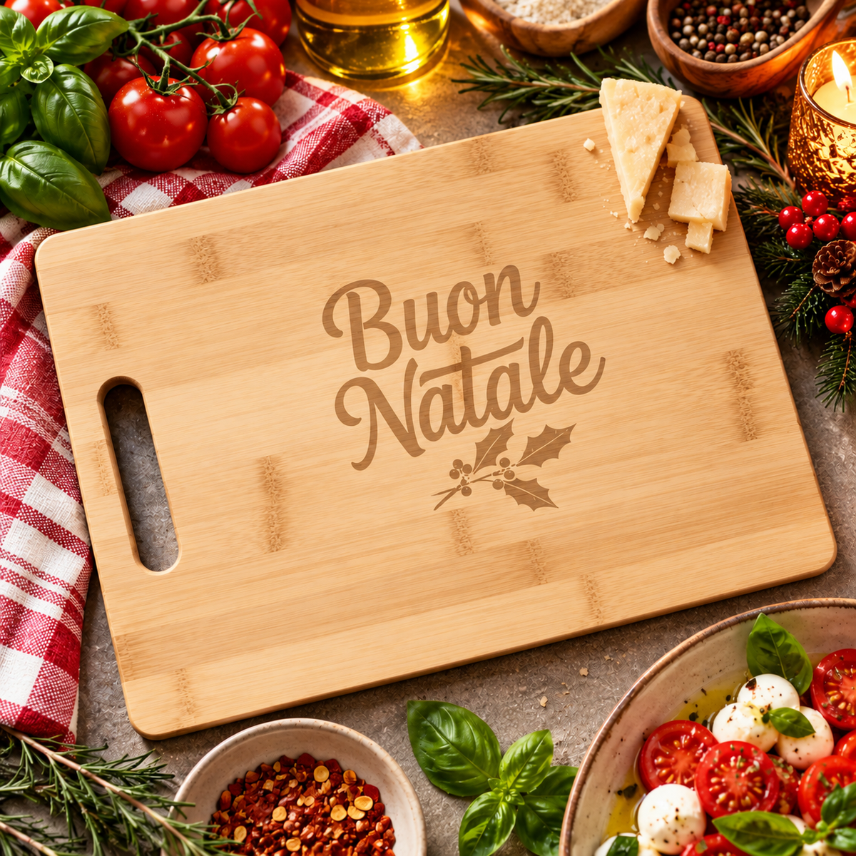 Buon Natale engraved bamboo cutting board styled with festive Italian Christmas décor, fresh basil, tomatoes, Parmesan cheese, and rustic kitchen accents.