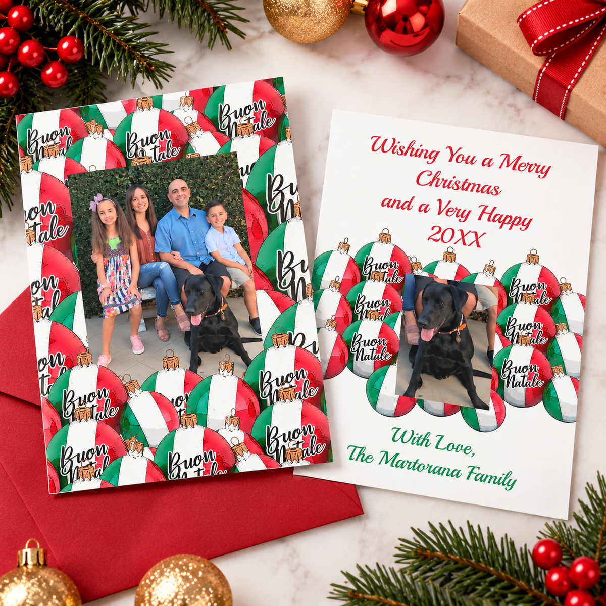 Personalized Italian Christmas photo postcard featuring Buon Natale ornaments in Italian flag colors, custom family photos and holiday greetings on a flat, double-sided card.