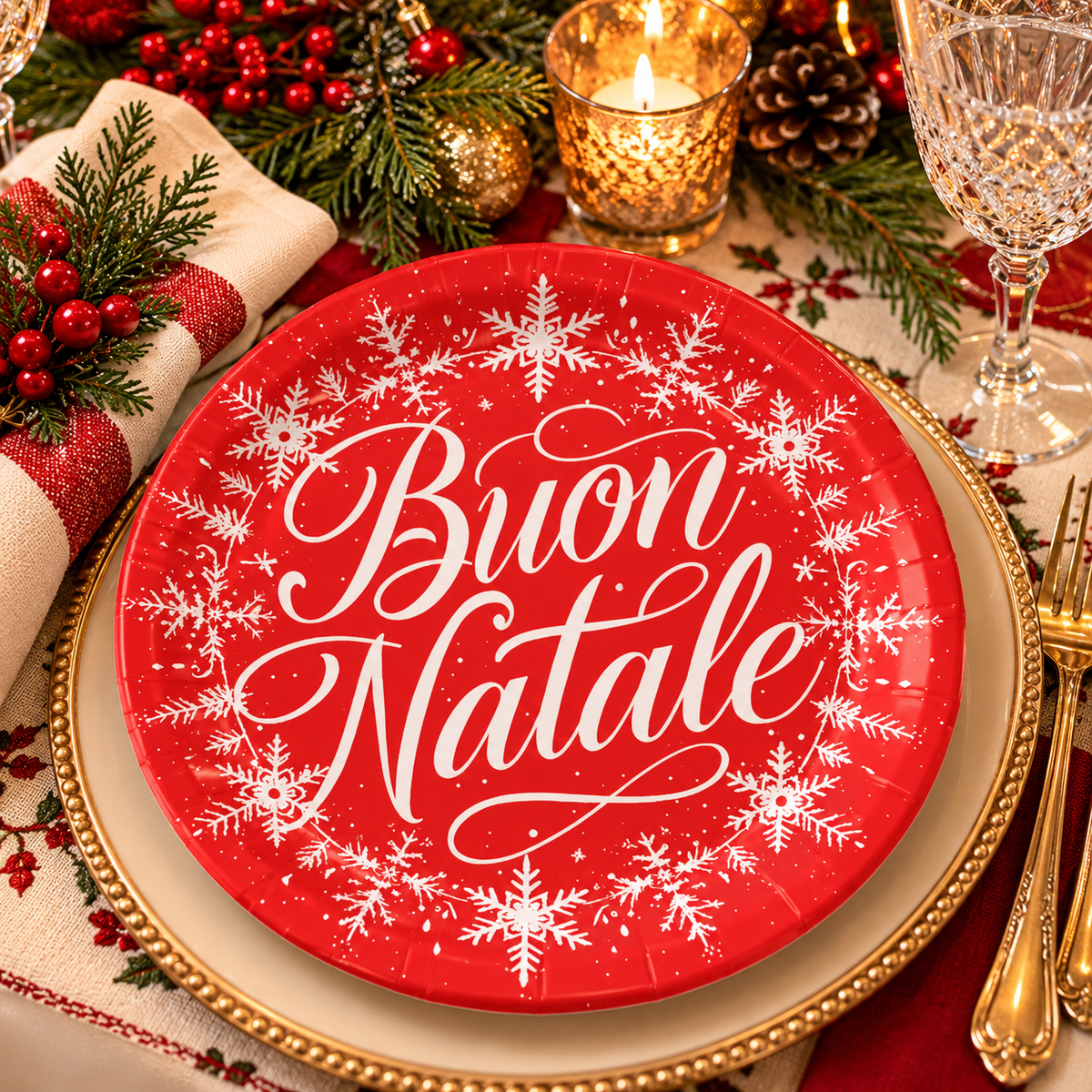 Red Buon Natale Italian Christmas paper plate with elegant white snowflakes, styled on a festive holiday dinner table with gold accents, candles and greenery. Perfect for Italian Christmas parties and family gatherings.