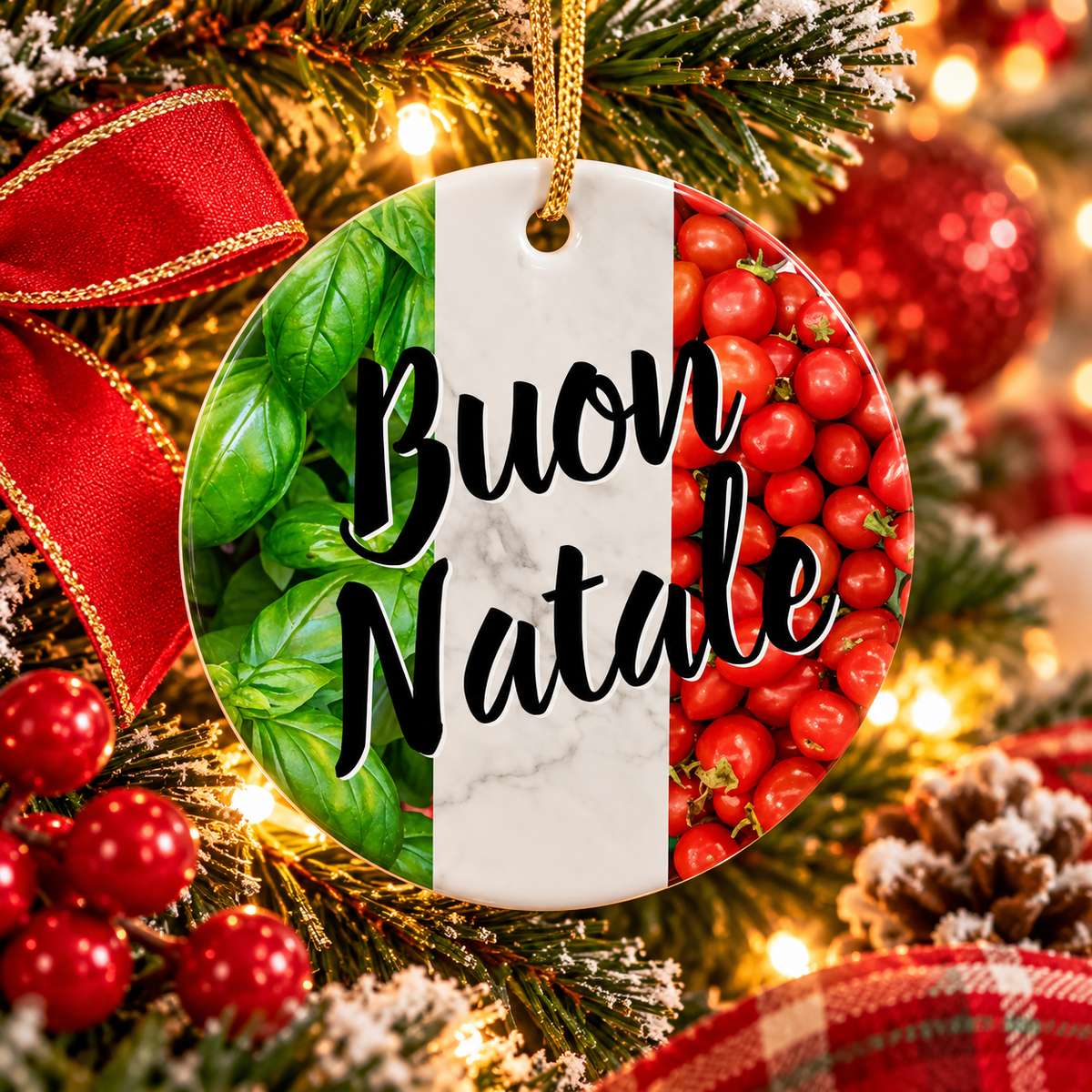 Buon Natale Italian ceramic Christmas ornament with basil, tomatoes and Italian flag colors on a tree.