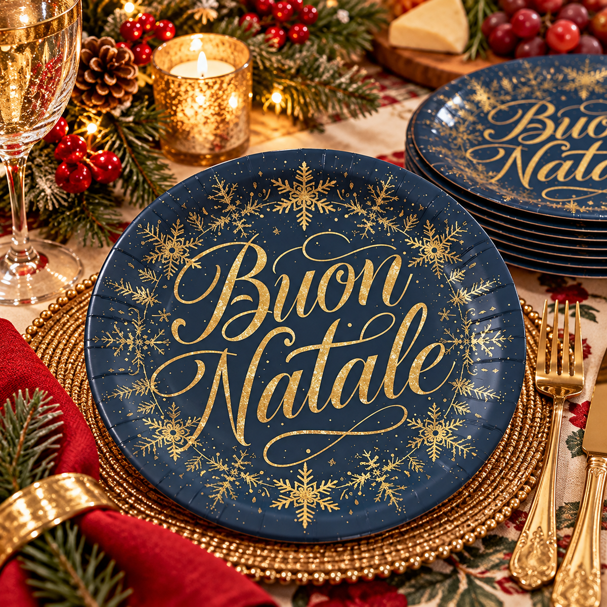 Buon Natale Italian Christmas paper plates with gold snowflakes and navy blue design on a festive holiday table.