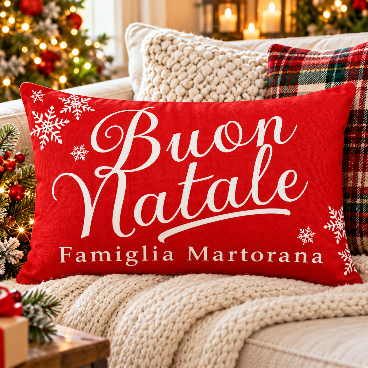 Personalized Buon Natale Italian Christmas lumbar pillow with family name and snowflakes on a festive sofa.