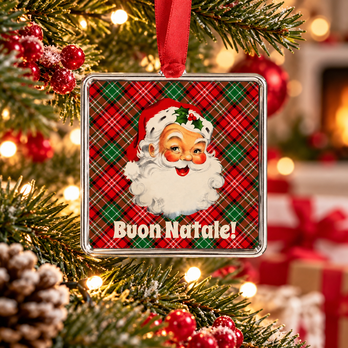 Vintage Santa Buon Natale Italian Christmas ornament with red and green tartan design on a festive tree.