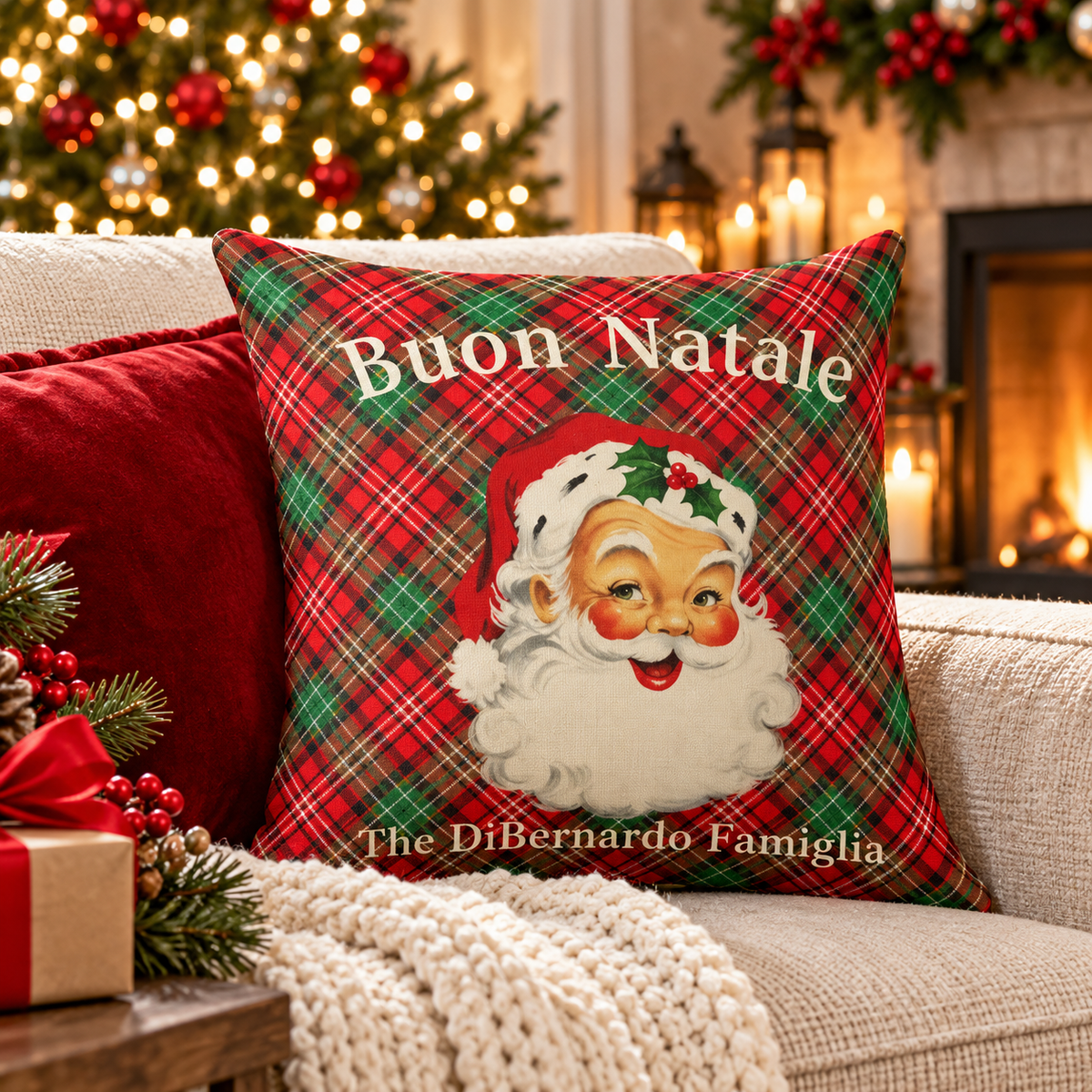 Personalized Buon Natale Italian Christmas throw pillow with vintage Santa, red and green plaid, and family name.