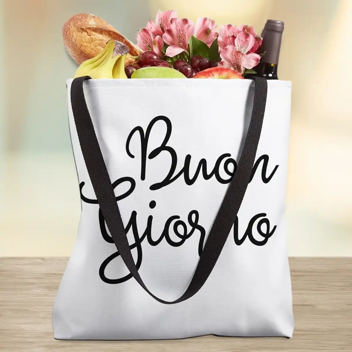 Buon Giorno black script on white tote bag with black handle strap. Italian and Sicilian heritage tote, good morning tote bag, Italian pride accessory, reusable shopping bag, gift for Italian family, gift for Sicilian family, gift for her, Italian American gift.