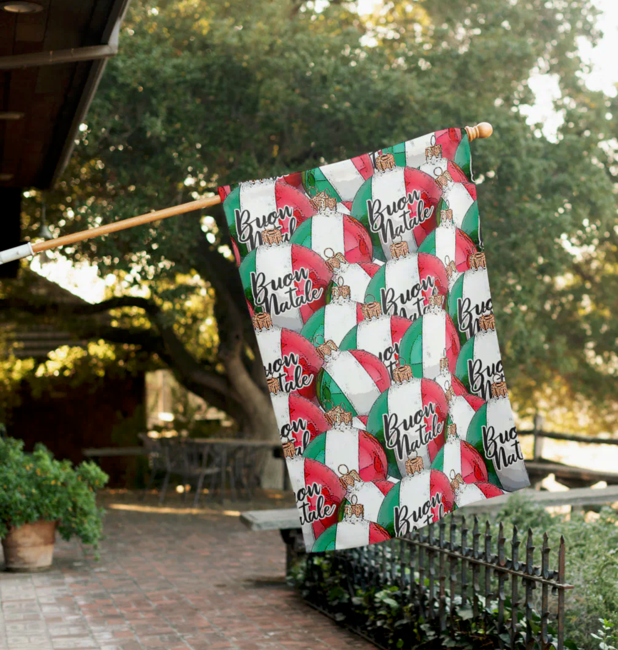 Buon Natale house flag with Italian flag ornaments repeat illustration pattern. Italian heritage Christmas house flag, holiday yard flag, outdoor Christmas decor, garden flag, Italian Christmas decoration, seasonal flag, gift for Italian family.