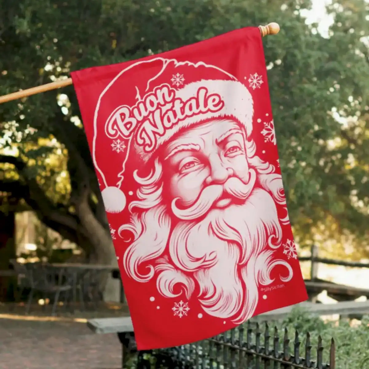 Buon Natale Santa House Flag in Red for a special Italian Christmas welcome. Great housewarming gift for lovers of all things Italian.