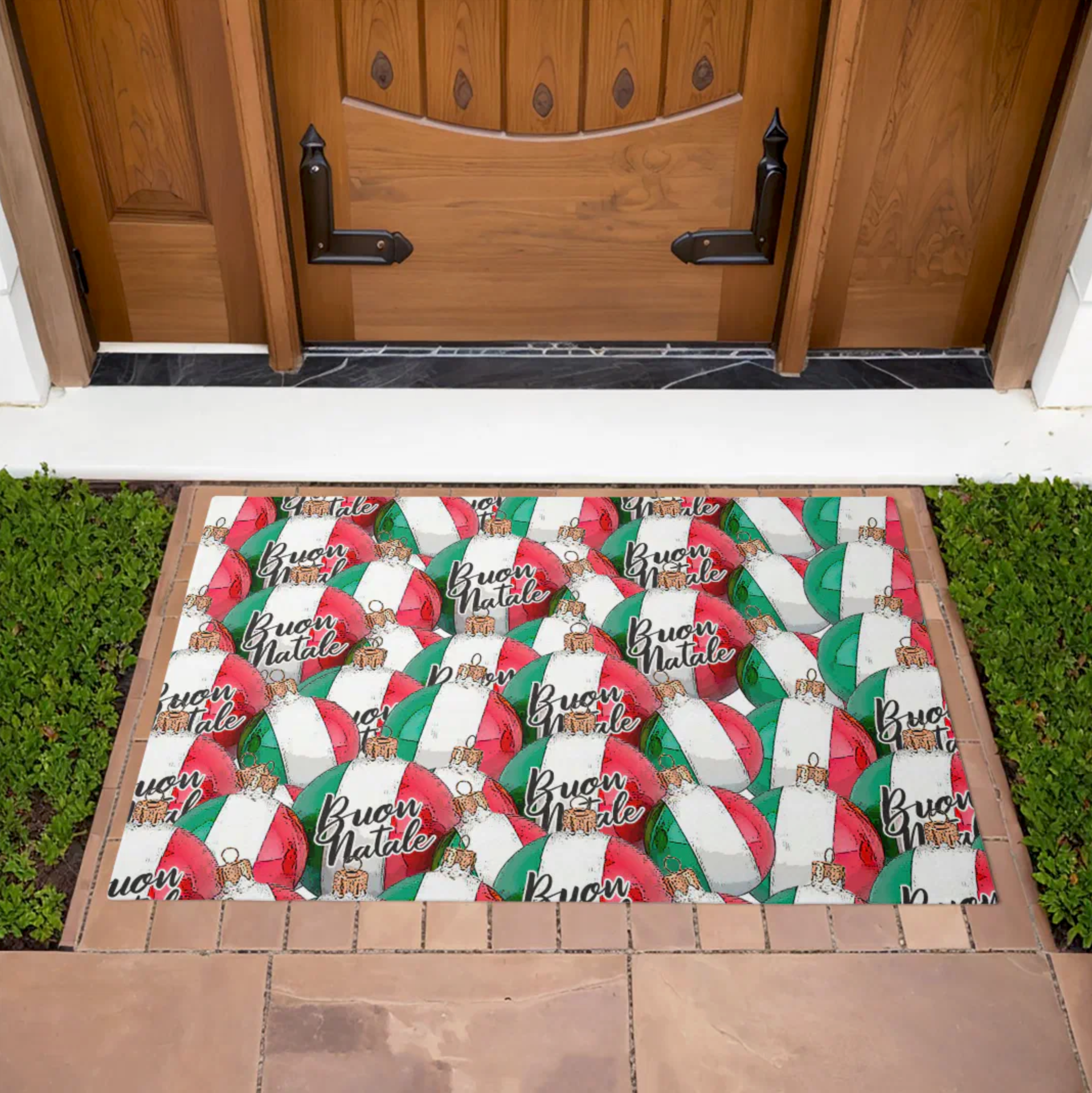 Buon Natale welcome mat with Italian flag ornaments repeat illustration pattern. Italian heritage Christmas doormat, holiday welcome mat, outdoor Christmas decor, front door mat, seasonal doormat, Italian Christmas decoration, gift for Italian family.