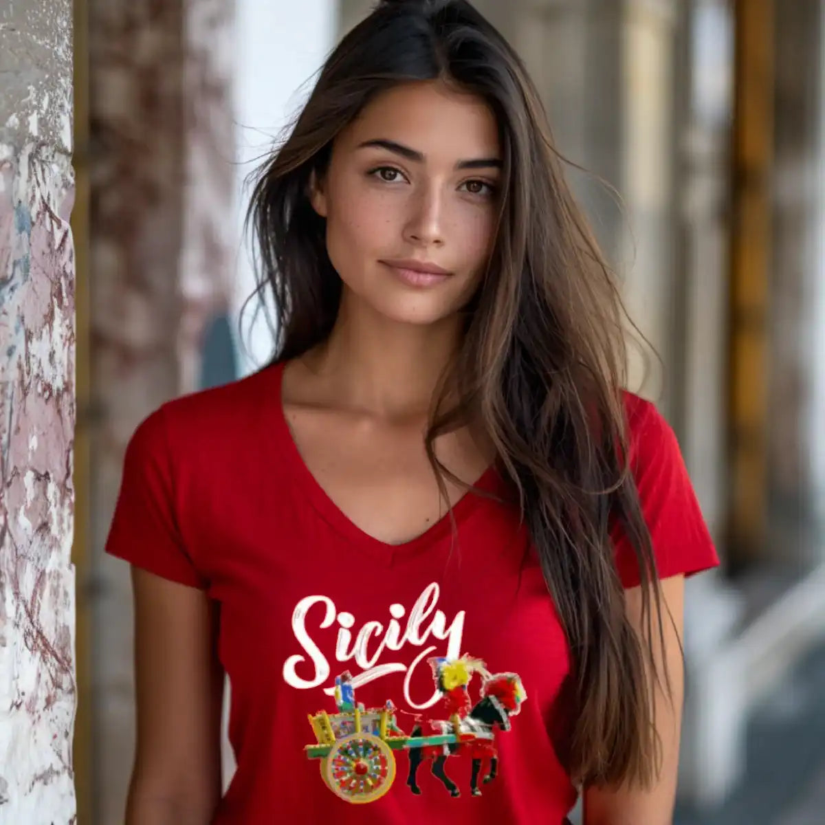 Women's Red V-neck T-shirt with the Carretto Siciliano of Sicilian Heritage