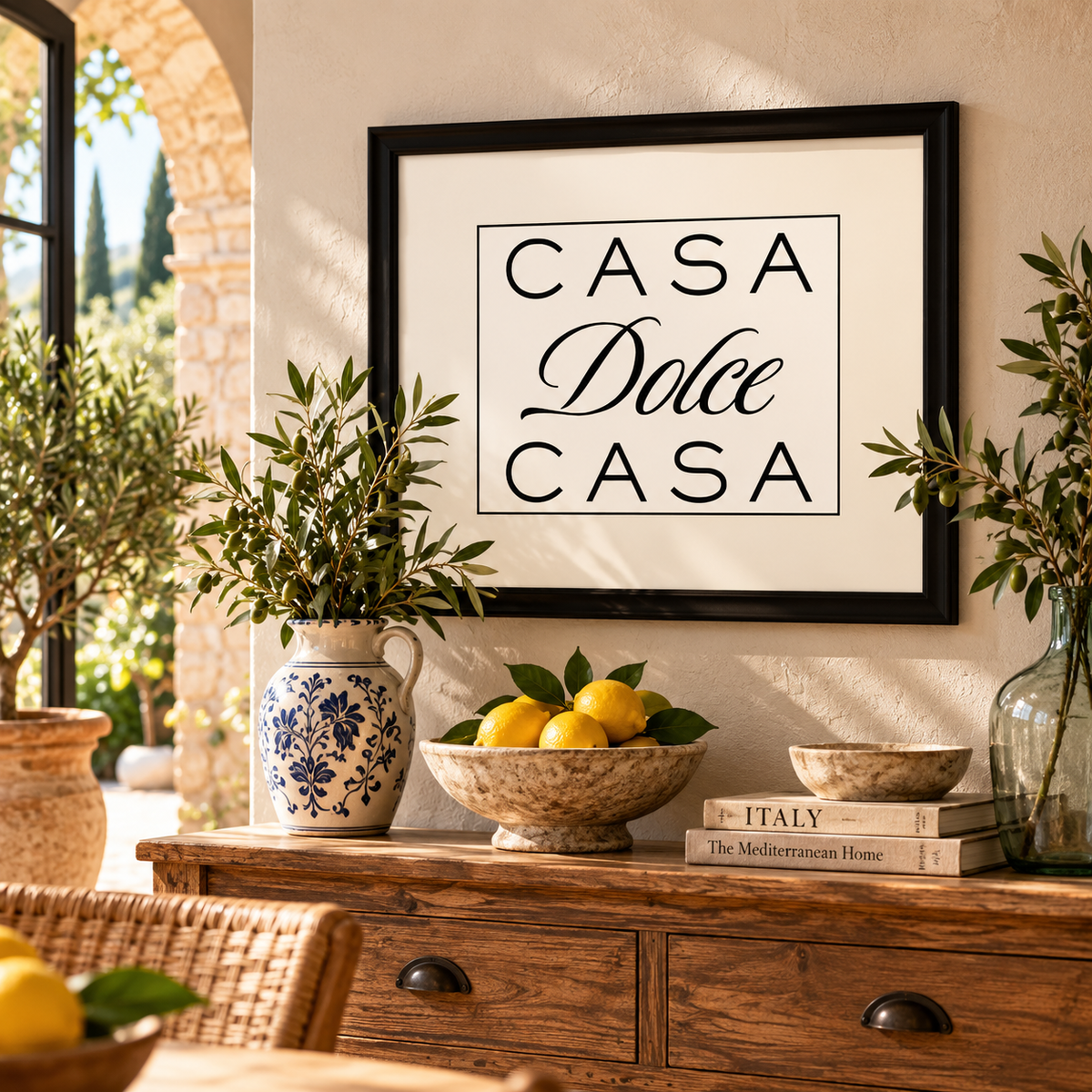 Welcome guests with the warmth of Italian hospitality! This elegant “Casa Dolce Casa” framed wall art, meaning “Home Sweet Home,” features timeless black-and-white typography that adds Italian charm to entryways, living rooms and dining areas. Beautifully displayed in a Mediterranean-inspired home, it's a thoughtful housewarming, wedding or anniversary gift for lovers of Italian heritage and decor.