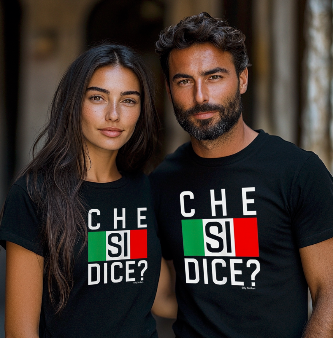 Two people wearing black Che Si Dice t-shirts with Italian flag design - Italian greeting phrase apparel gift.