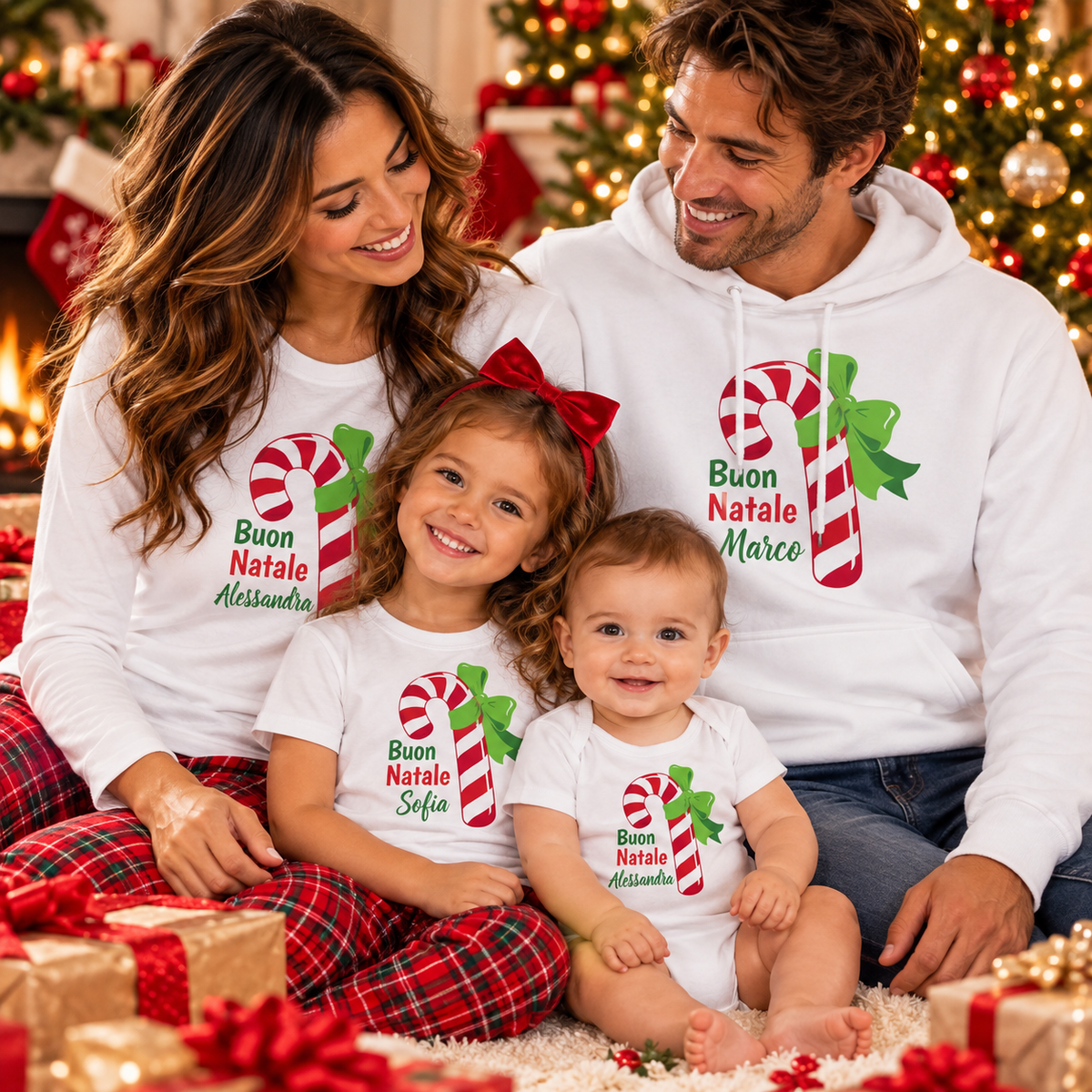 Italian family wearing matching personalized Buon Natale Christmas shirts and hoodie with candy cane design.