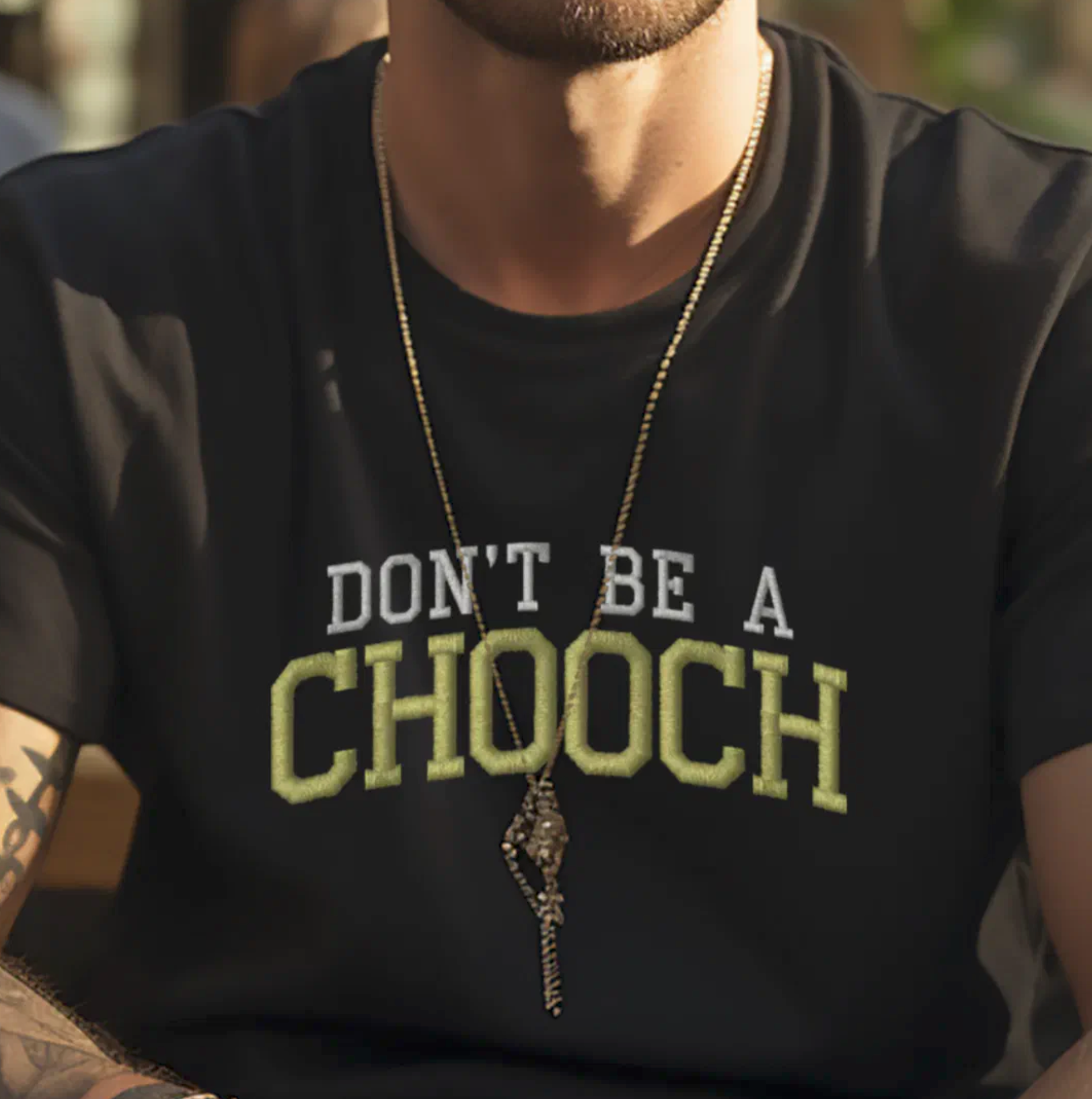 Funny Don't Be a Chooch faux embroidered printed t-shirt Italian gift for him. East coast Italian humor shirt.