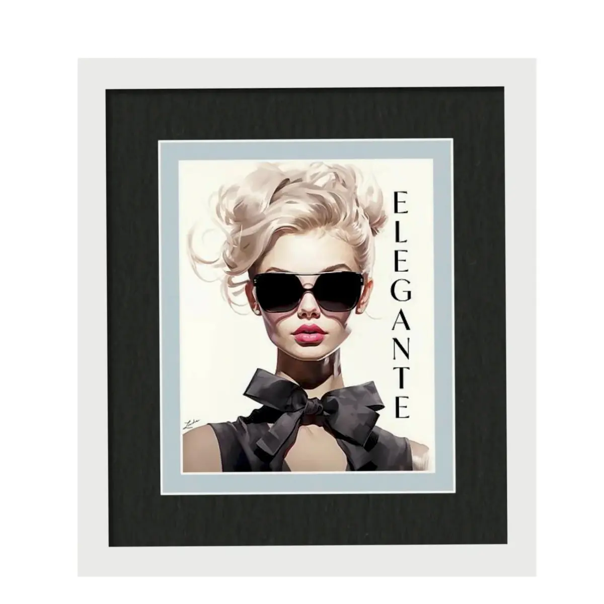 Elegante Italian Fashion Model Wall Art; Woman in sunglasses wearing a Large black bow at her neck; wall art for home or salon with fashion forward flair. Gift for her.