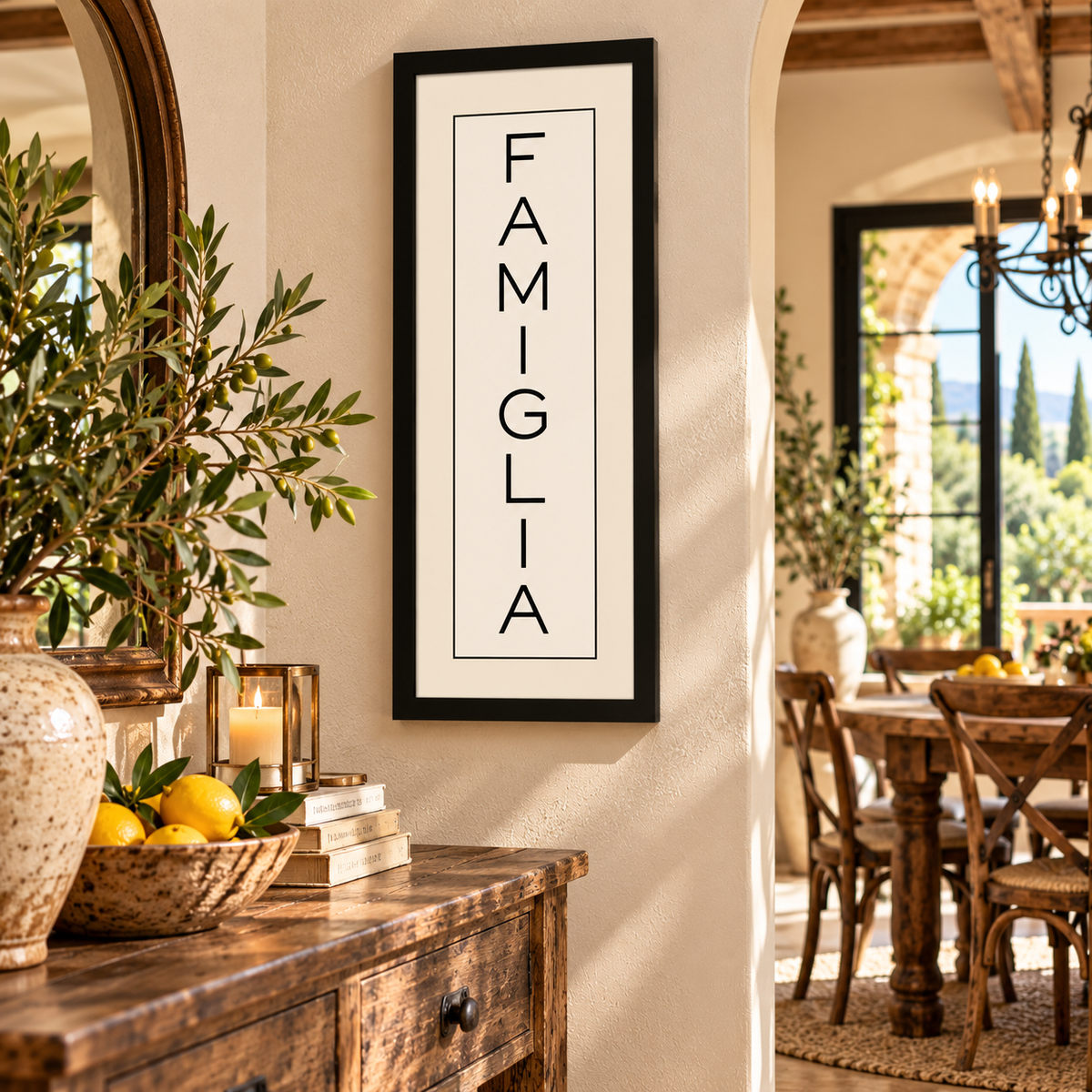 Celebrate the heart of Italian life with this elegant “Famiglia” framed wall art, meaning “Family” in Italian. Featuring timeless black-and-white vertical typography, this beautiful Italian heritage print adds warmth and sophistication to entryways, living rooms and Mediterranean-inspired homes. A meaningful gift for Italian families, housewarmings, weddings and anyone who treasures their famiglia!