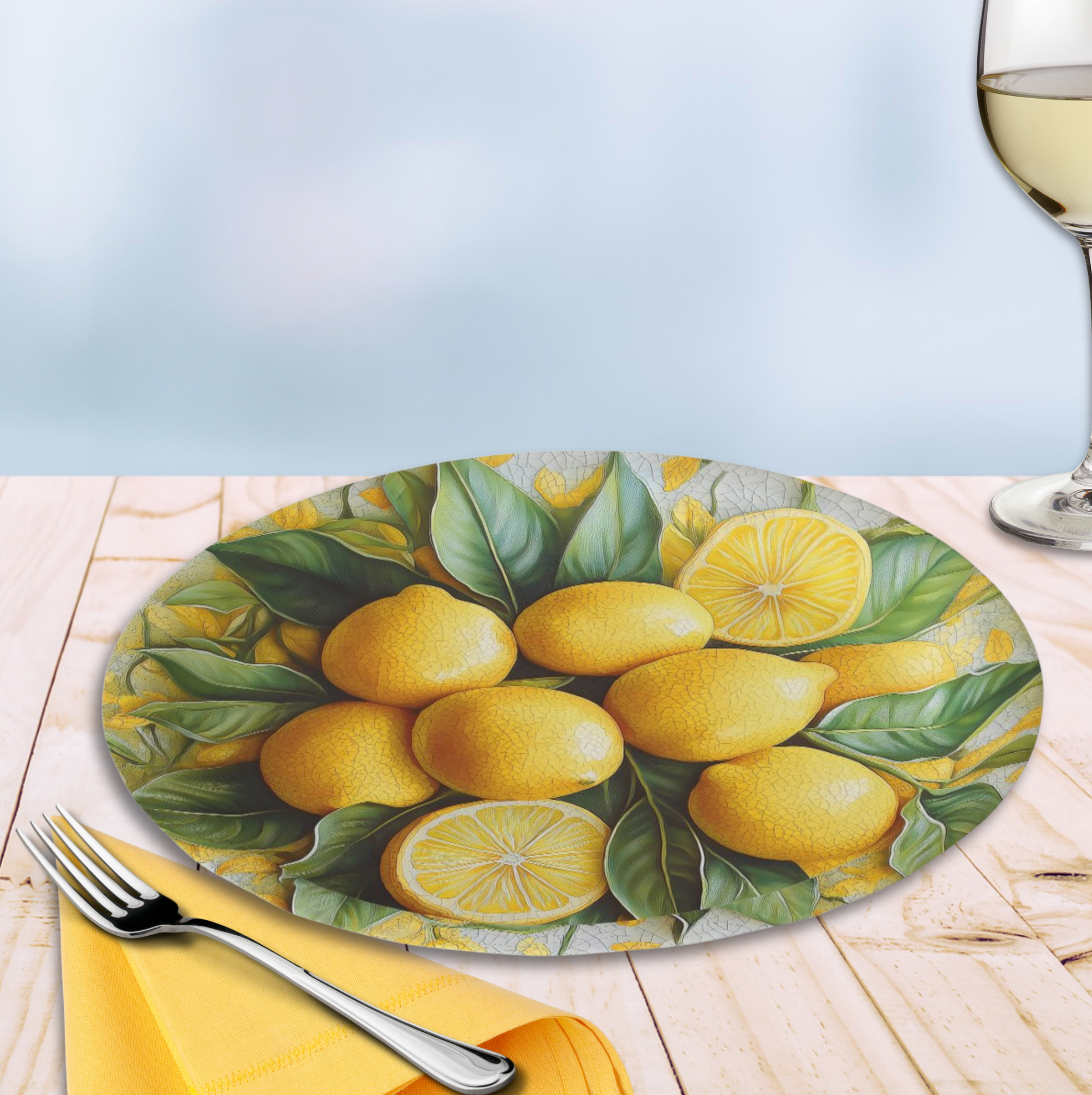 Paper plate with faux 3D lemons and leaves dynamic illusion design in aged cracked pottery style. Italian and Mediterranean heritage party supplies, decorative disposable plates for Italian themed party, wedding reception, bridal shower, birthday party, lemon themed party, celebration tableware.