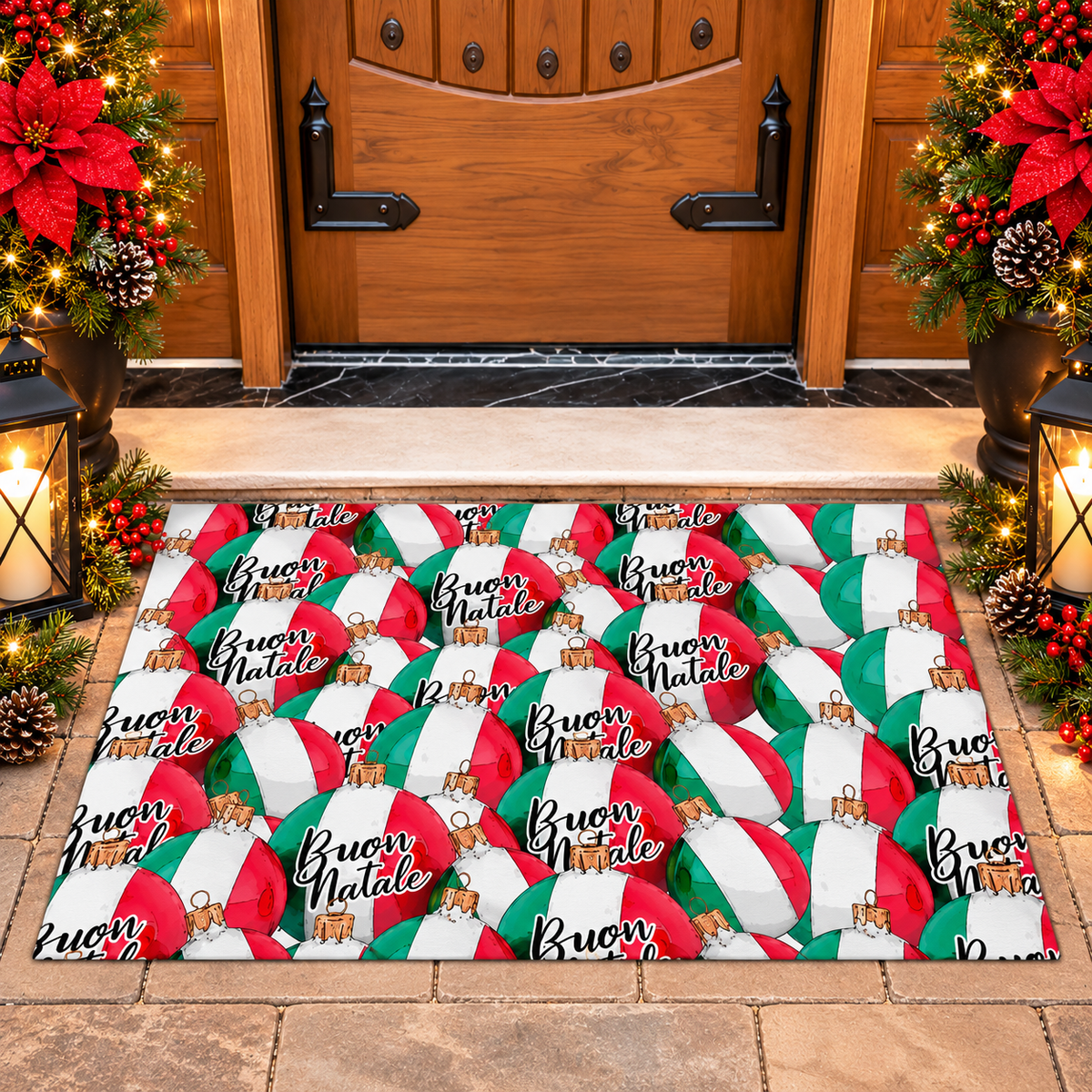 Buon Natale Italian Christmas doormat featuring red, white and green Italian flag ornaments, festive holiday welcome mat for front door décor.
