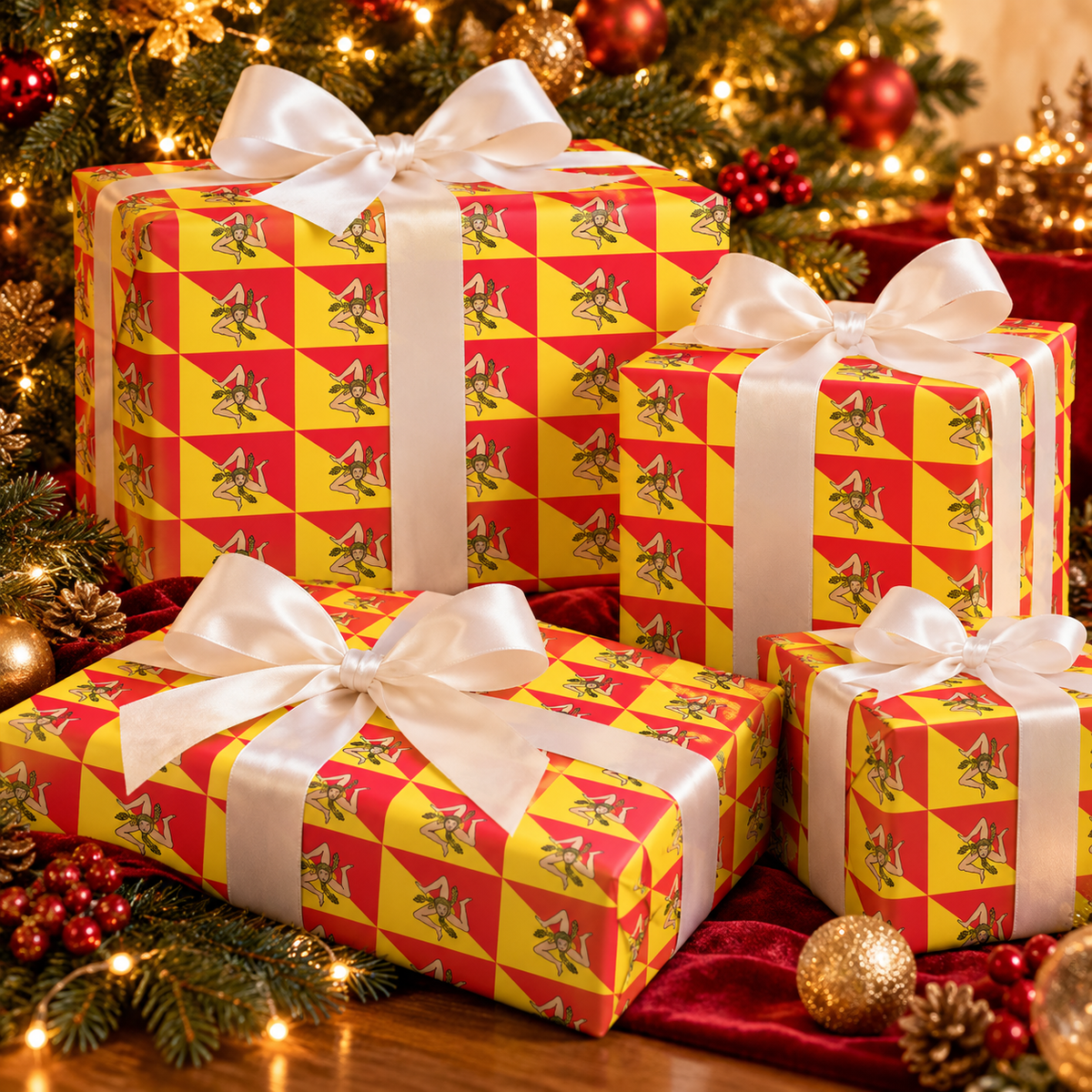 Sicilian Trinacria Christmas wrapping paper in red and yellow, featured on festive gifts with elegant white satin bows, holiday greenery and warm Christmas lights.