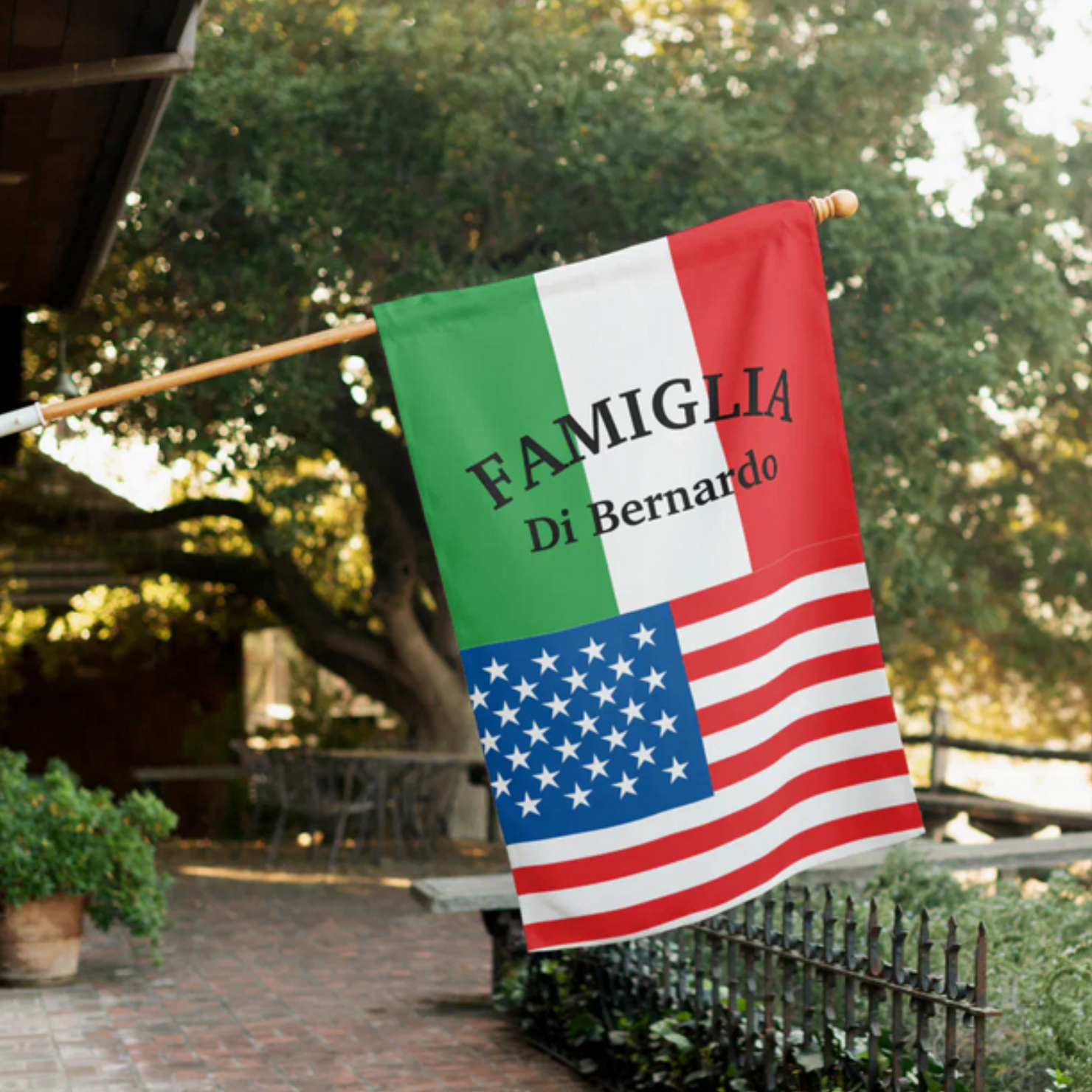 Flag with Italian and American design and 'FAMIGLIA Di Bernardo' custom text. Italian-American heritage housewarming gift.