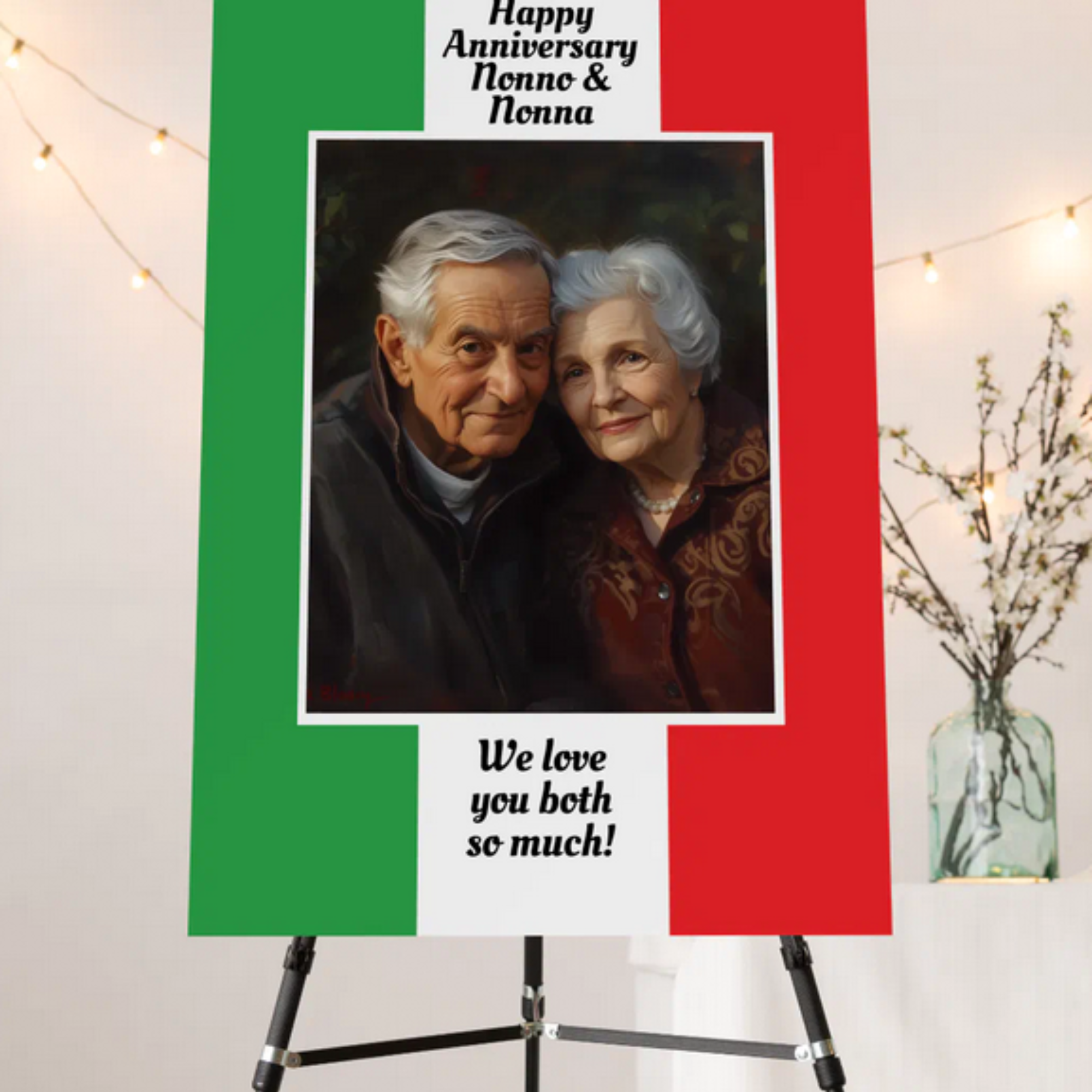 Vertical foam core party welcome sign with flag of Italy, custom photo, and personalized text on top and bottom inside white stripe area. Italy pride welcome sign, Italian heritage party decor, family reunion decoration, anniversary celebration sign, customizable Italian sign, gift for Italian family, Italian celebration decor, Italian American party.