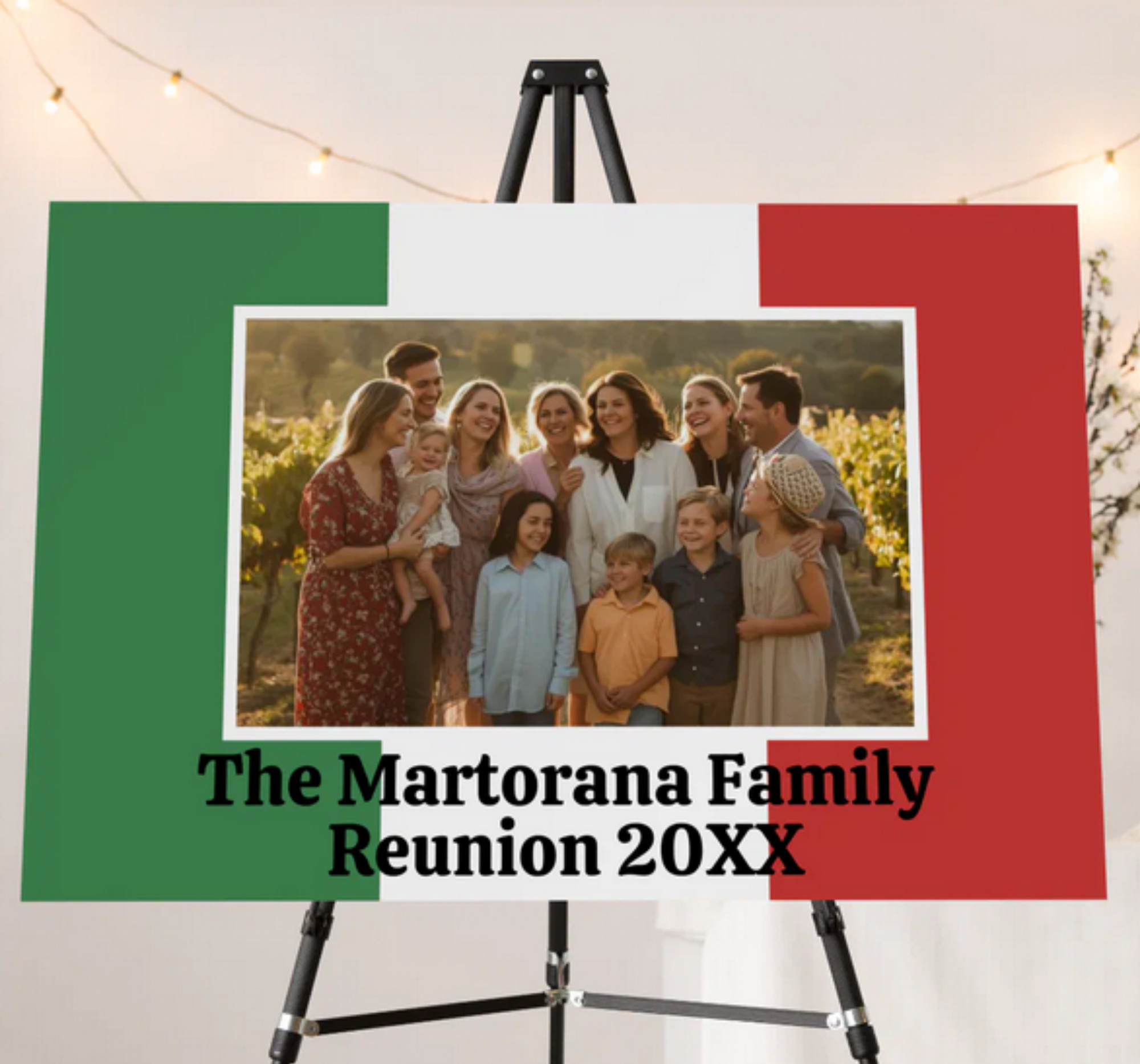 Horizontal foam core party welcome sign with flag of Italy, custom picture, and custom message at bottom (example: The Martorana Family Reunion 20XX). Italian heritage party sign, Italy pride welcome sign, family reunion sign, anniversary celebration sign, personalized Italian gift, gift for Italian family, Italian party decor, Italian American celebration.