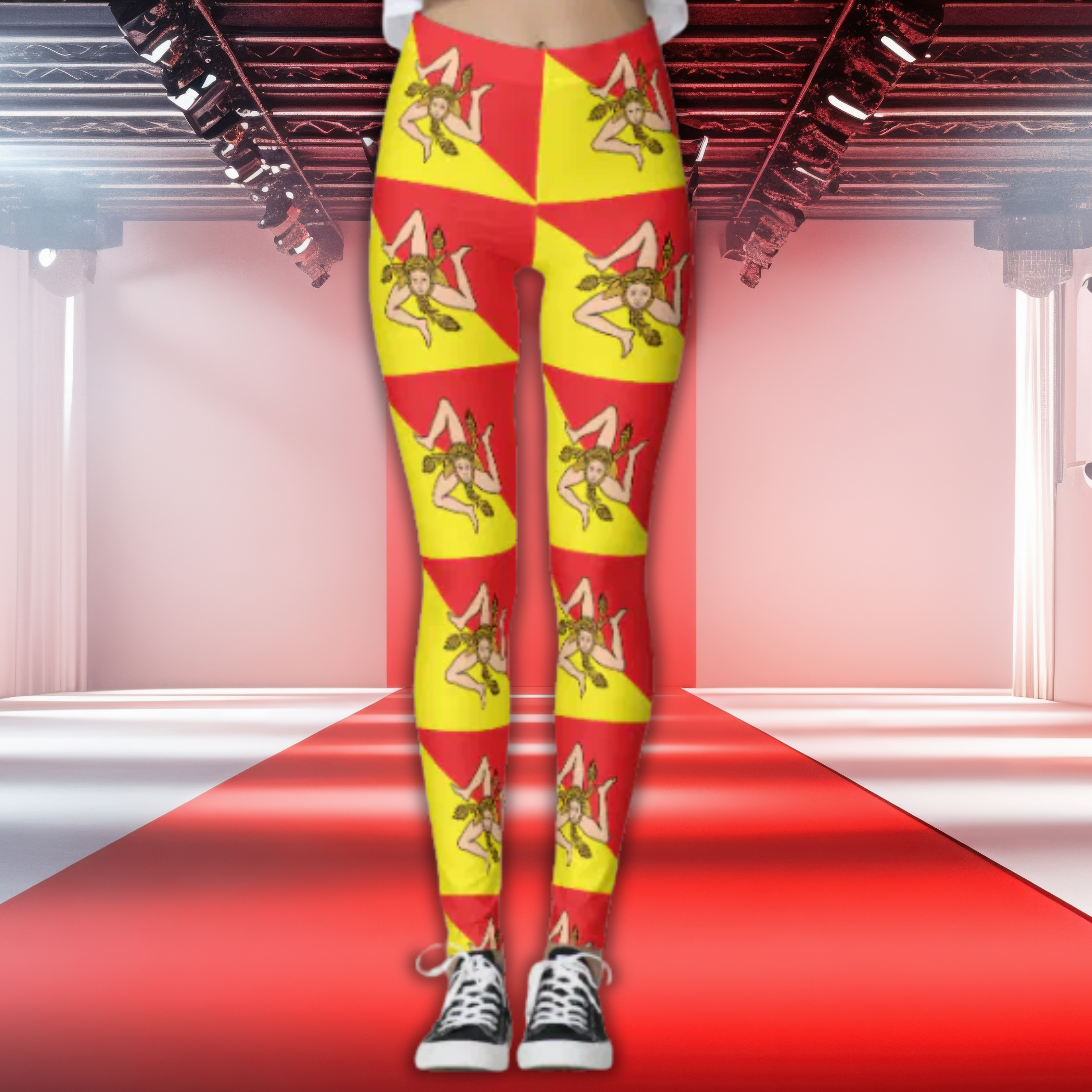 Leggings with repeating Flag of Sicily pattern featuring Trinacria. Sicilian heritage gift for her, birthday gift, Christmas gift, activewear gift.