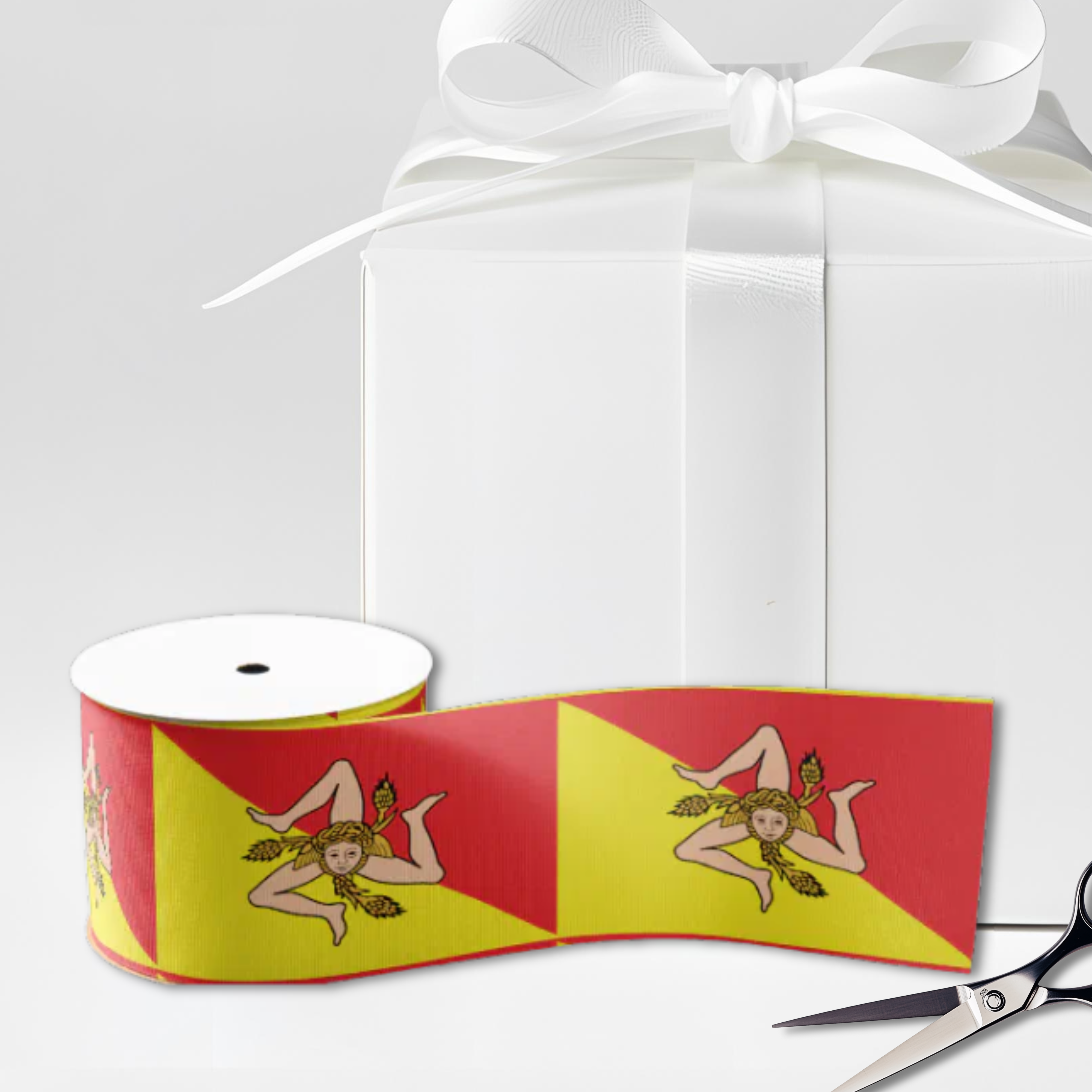 Satin ribbon with repeating Flag of Sicily pattern featuring Trinacria. Sicilian heritage gift wrapping, craft ribbon, wedding decoration, party decoration, birthday gift wrap.